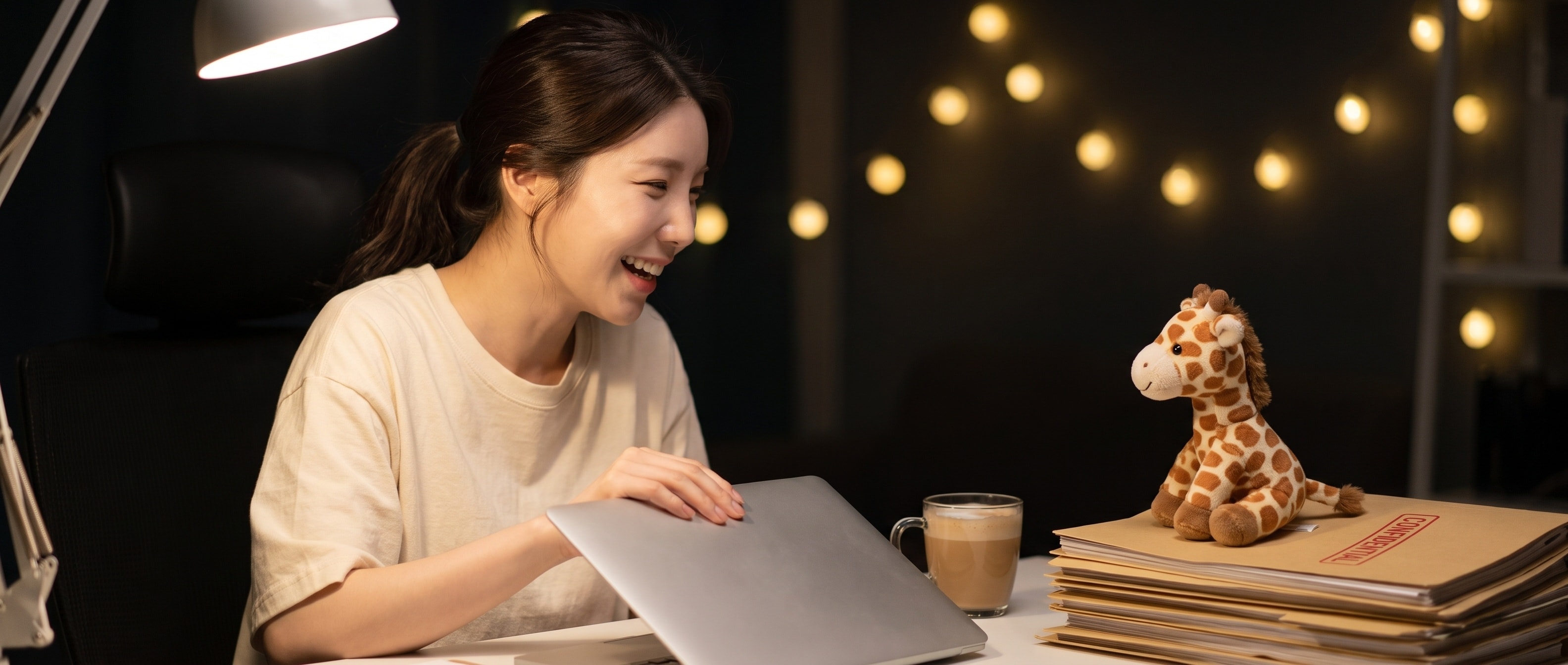 기린 인형 옆에서 노트북을 덮으며 웃는 루나