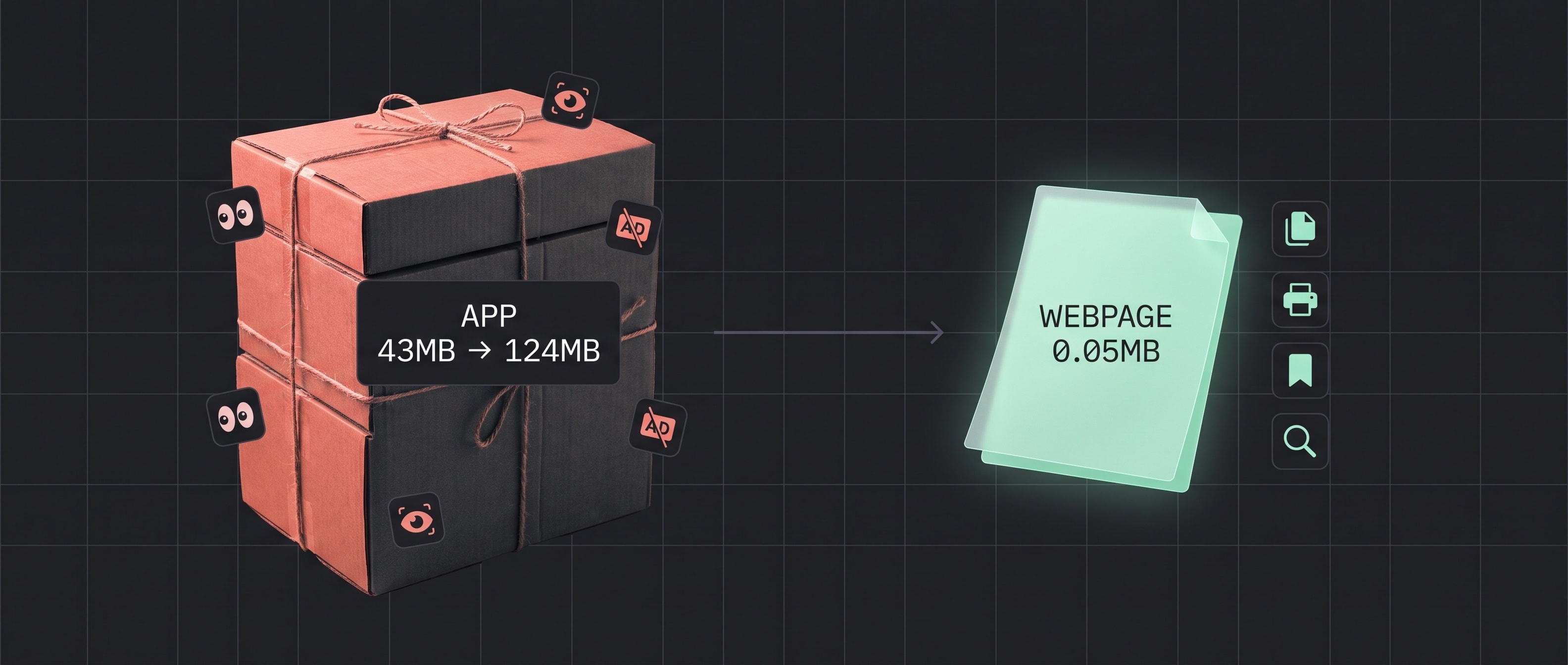 43MB 앱과 0.05MB 웹페이지의 크기 비교 인포그래픽