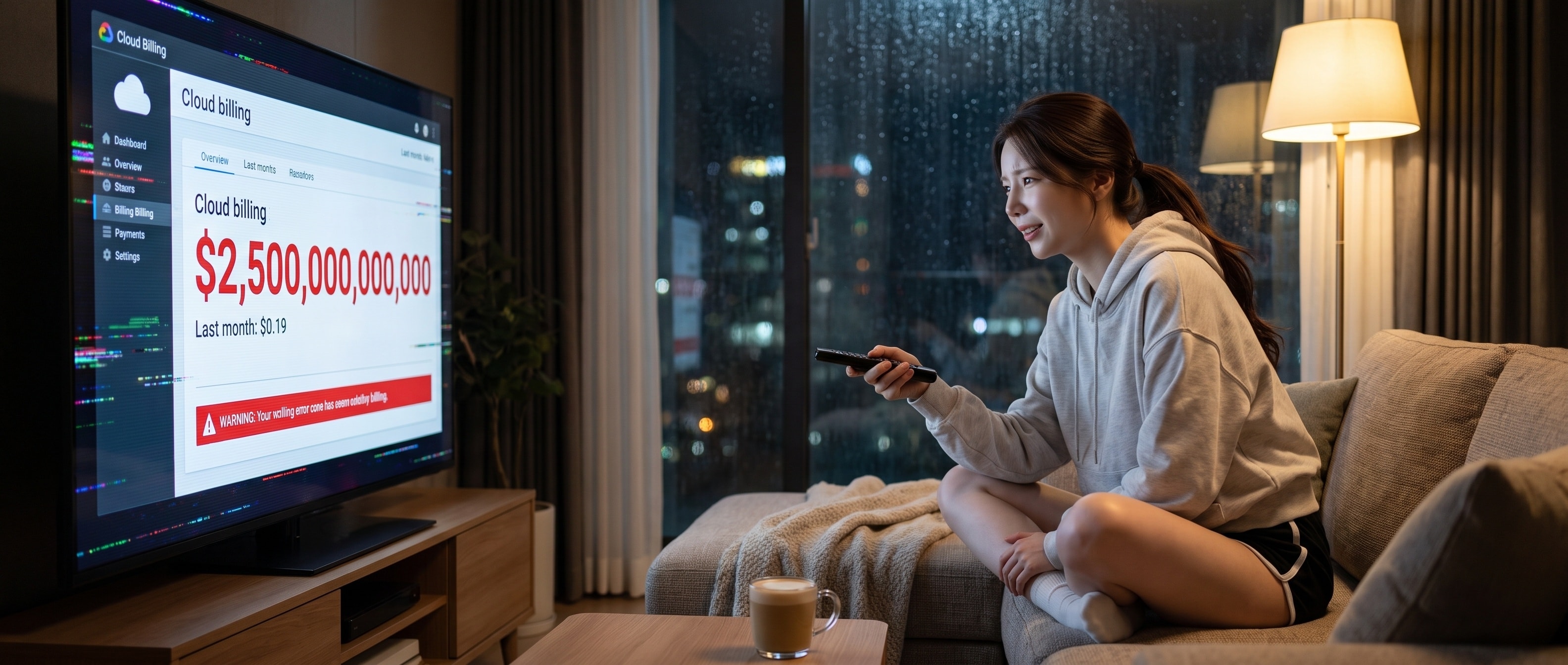 심야 거실 소파에서 TV 화면에 뜬 2.5조 달러 청구서를 어이없다는 표정으로 바라보는 루나