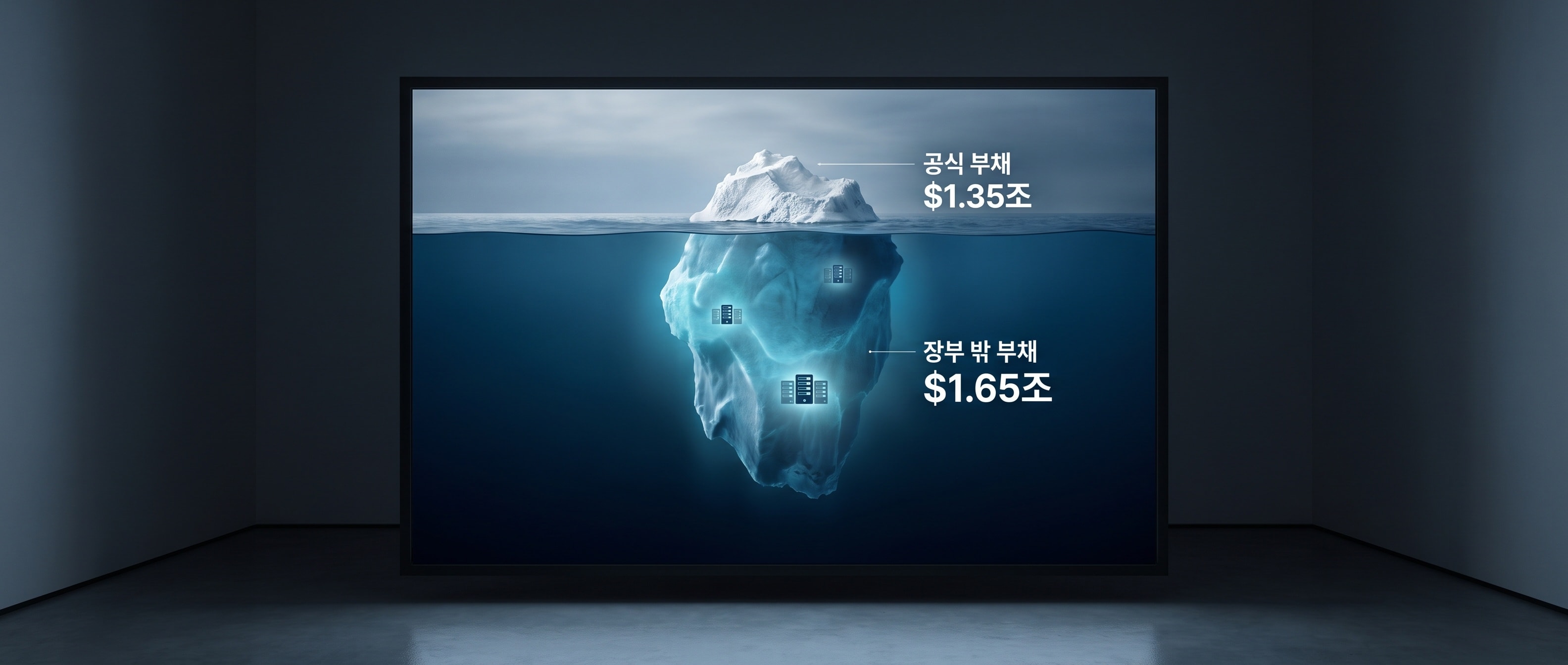 수면 위 공식부채와 수면 아래 훨씬 거대한 부외부채를 대비한 빙산 인포그래픽