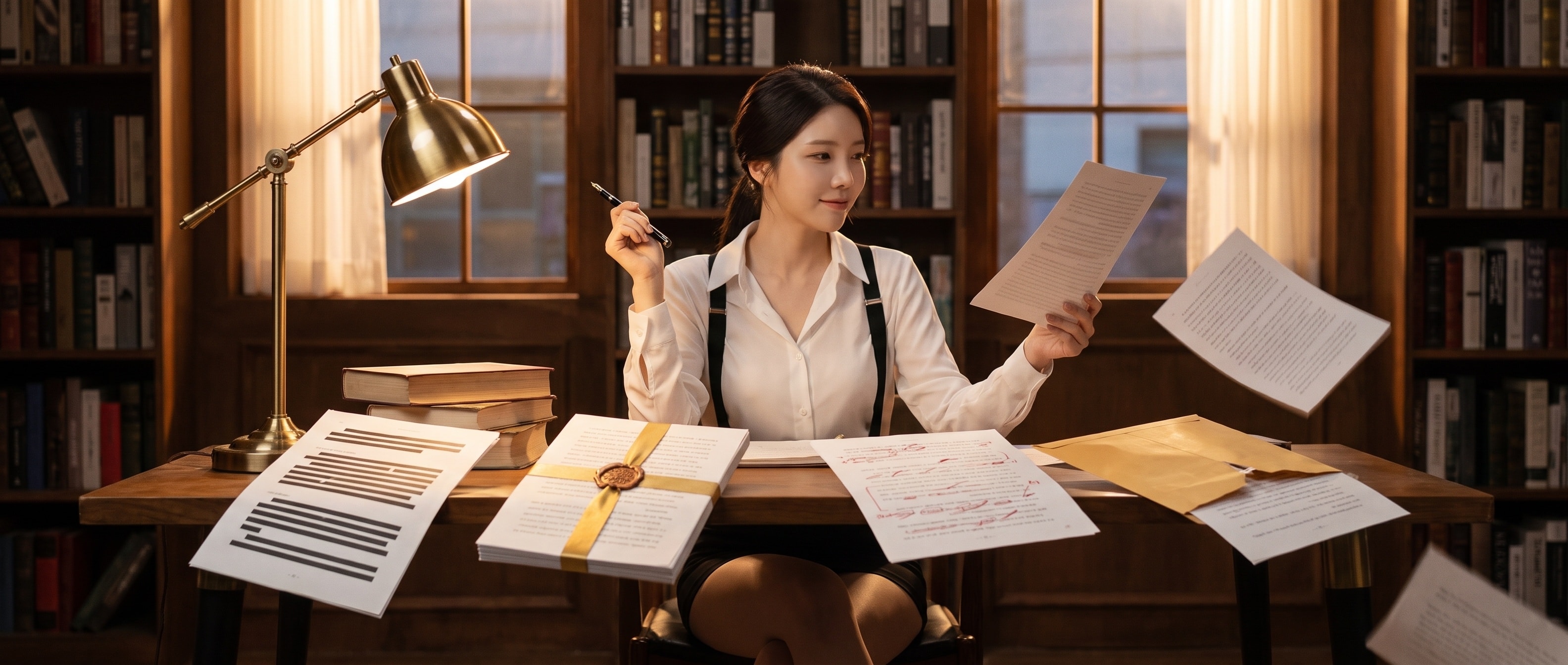 네 개의 원고 앞에 앉은 루나