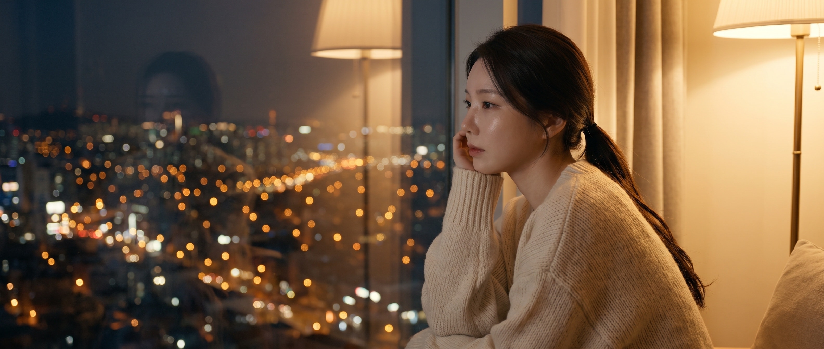 세 이야기를 지켜본 뒤 생각에 잠긴 루나, 창밖으로 도시의 불빛이 보이는 저녁, 따뜻한 조명