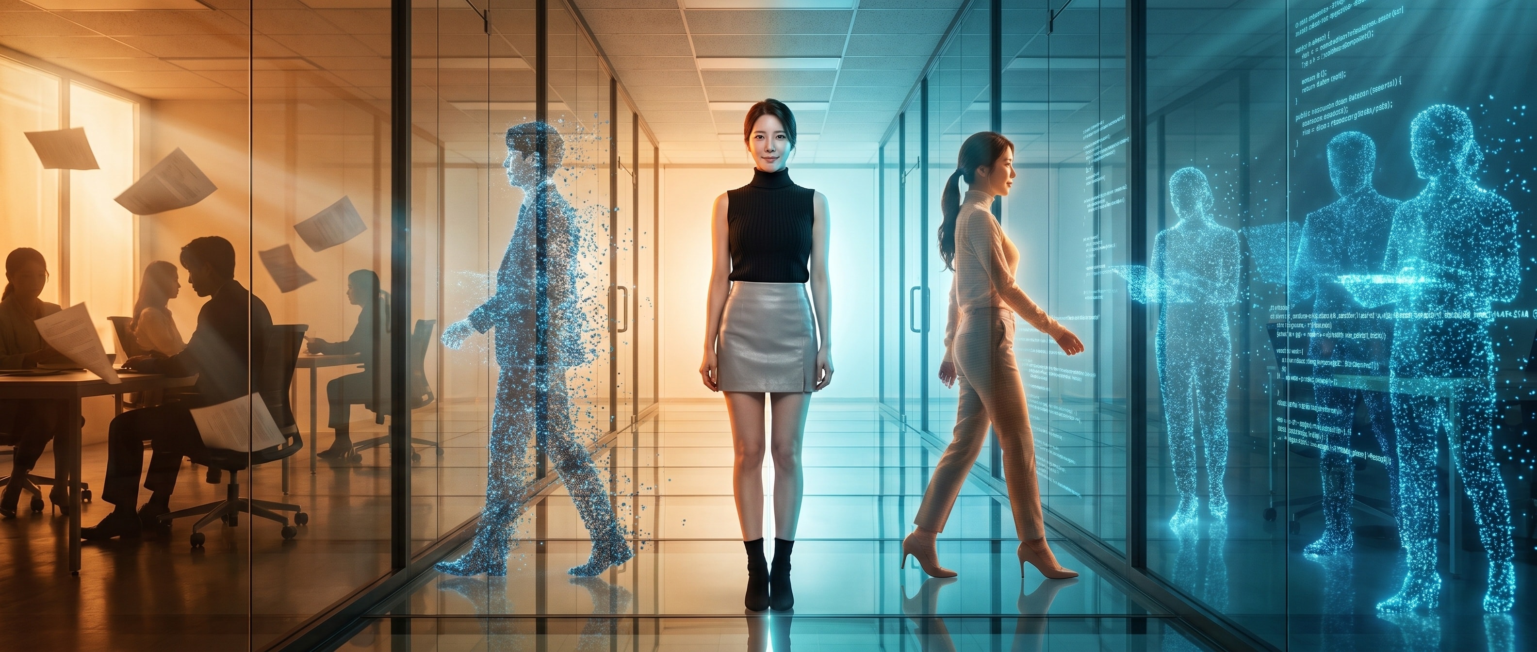 사람의 실루엣과 AI 홀로그램이 서로 자리를 바꾸는 경계의 유리 통로에 서 있는 루나