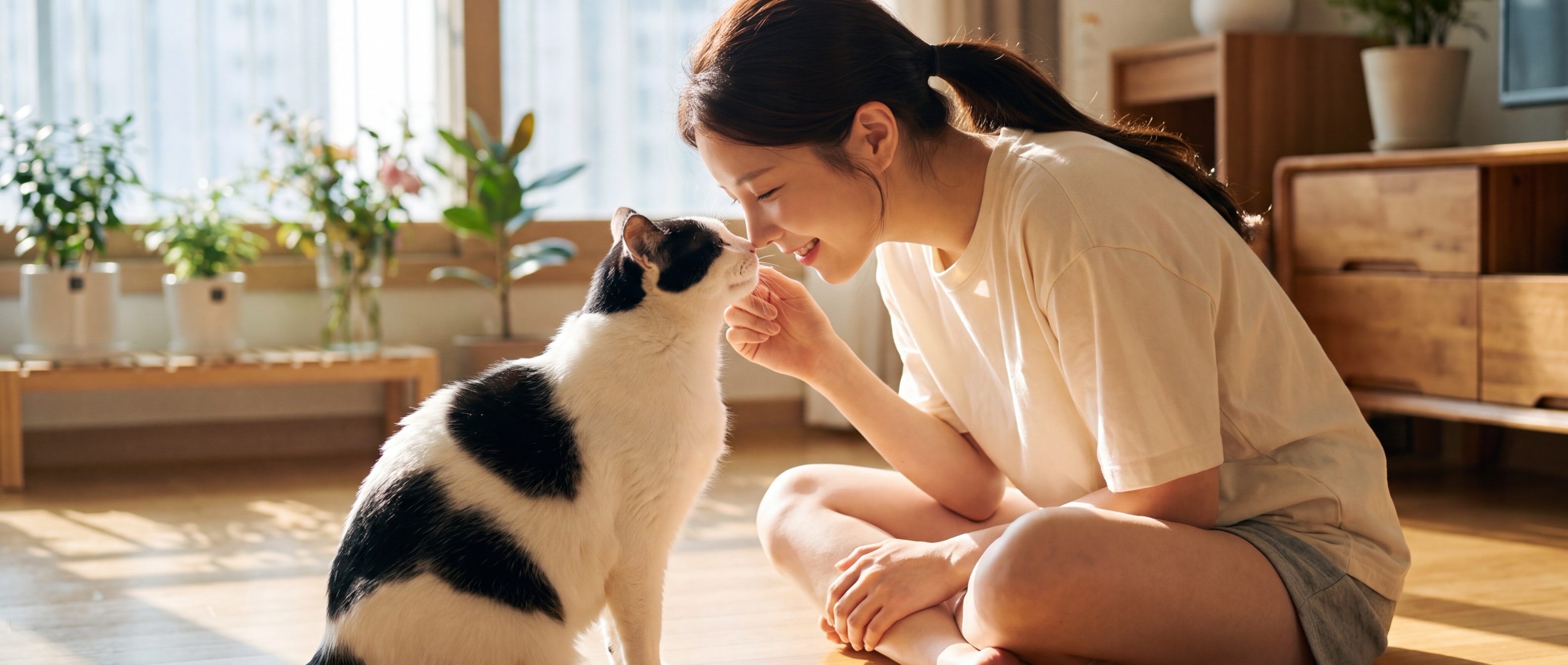 흰 바탕에 검은 얼룩이 큼직한 젖소무늬 고양이가 루나의 코에 코를 맞대고 킁킁 인사하는 따뜻한 일러스트
