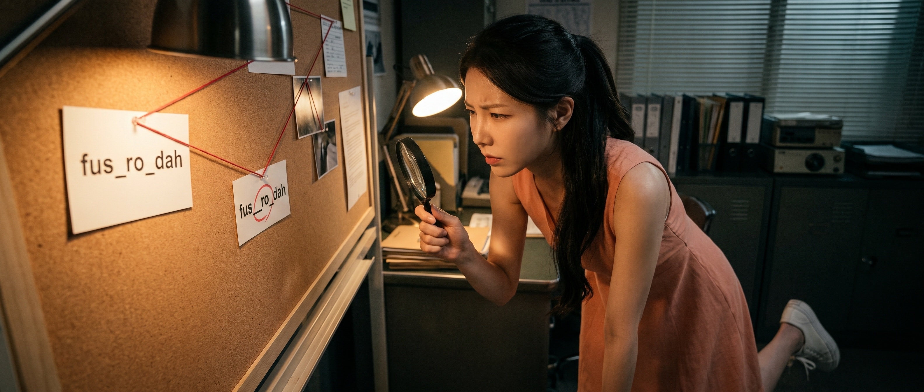 두 개의 거의 똑같은 이름표를 돋보기로 비교하는 루나