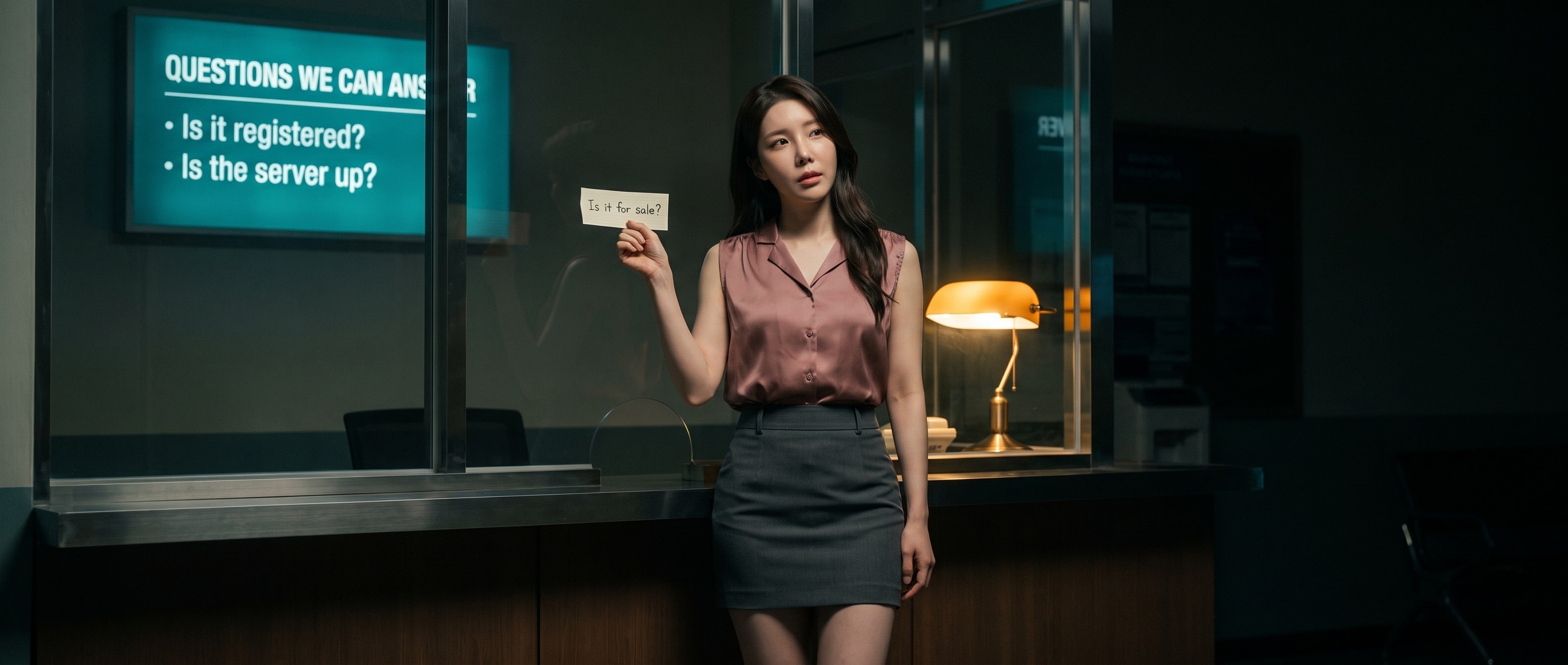 안내 창구 앞에서 목록에 없는 질문지를 든 루나