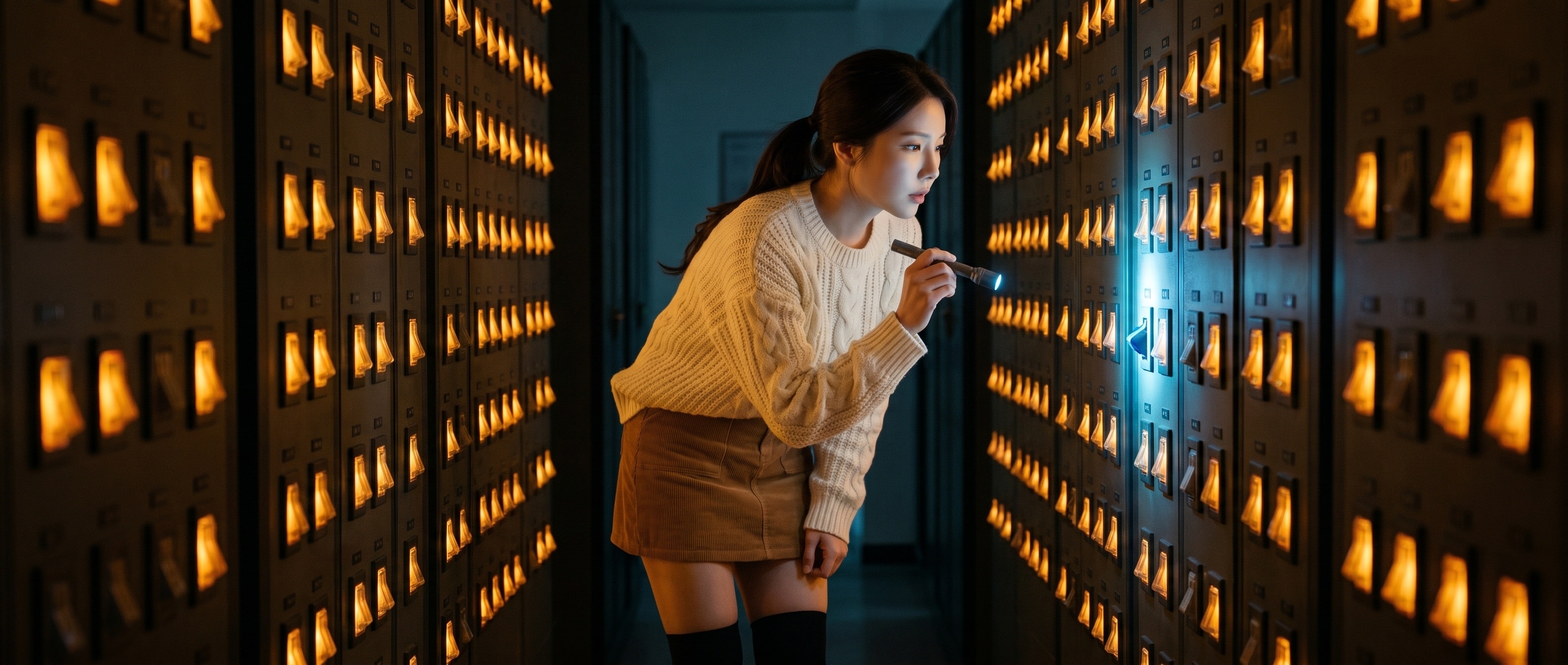 어두운 서버 복도에서 손전등으로 벽면의 작은 토글 스위치 하나를 비추는 루나