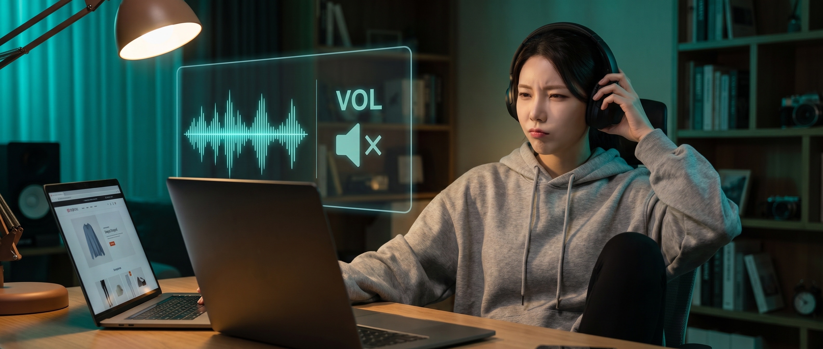 어두운 방에서 헤드폰을 한쪽 떼고 볼륨 0인데 움직이는 스펙트럼 홀로그램을 의심스럽게 보는 루나
