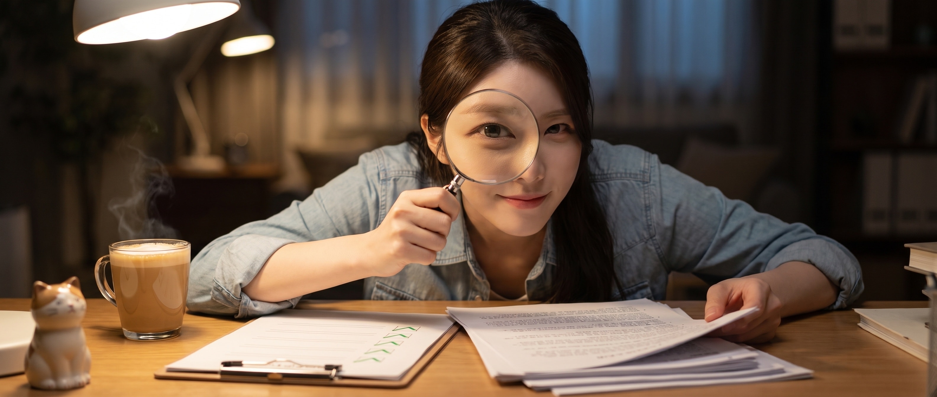 책상에서 돋보기로 서류 더미를 확인하며 체크리스트를 채우는 루나
