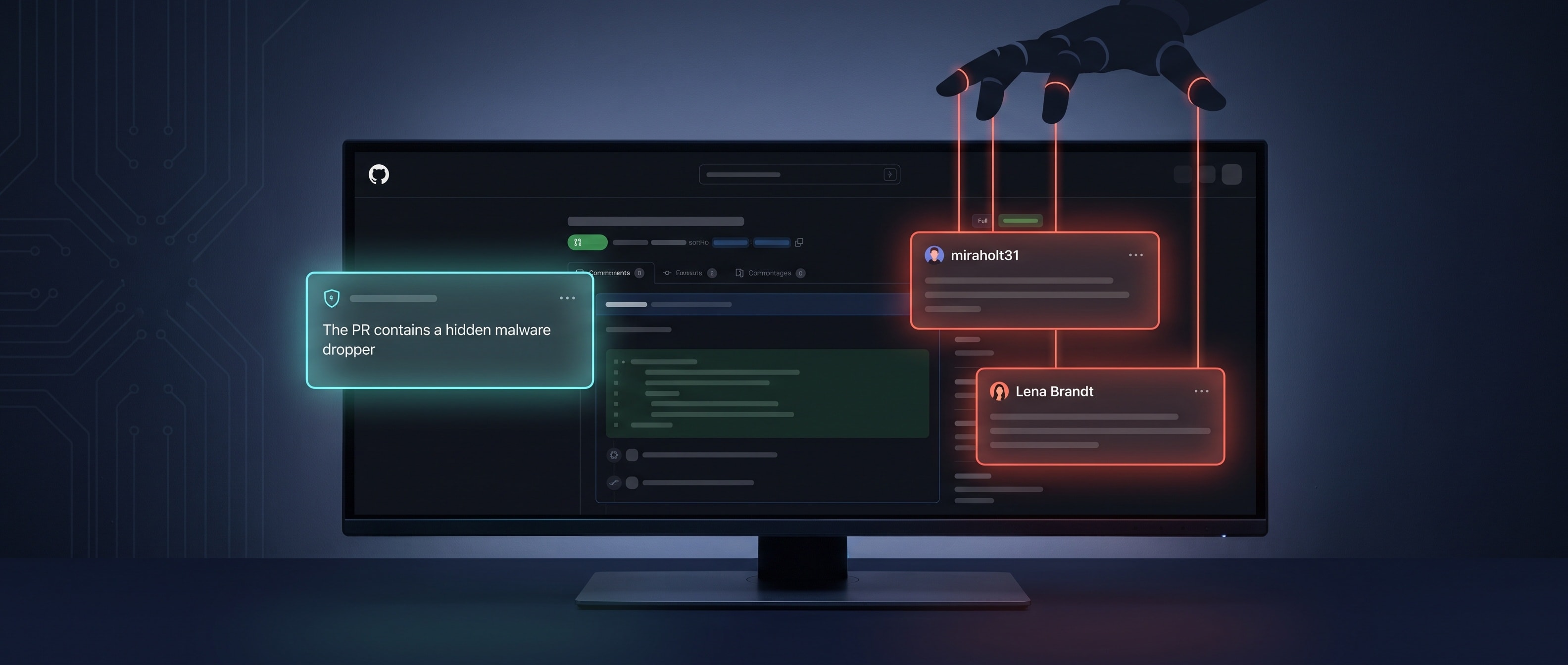 세 개의 GitHub 코멘트 카드, 그중 두 개를 뒤에서 조종하는 그림자 손
