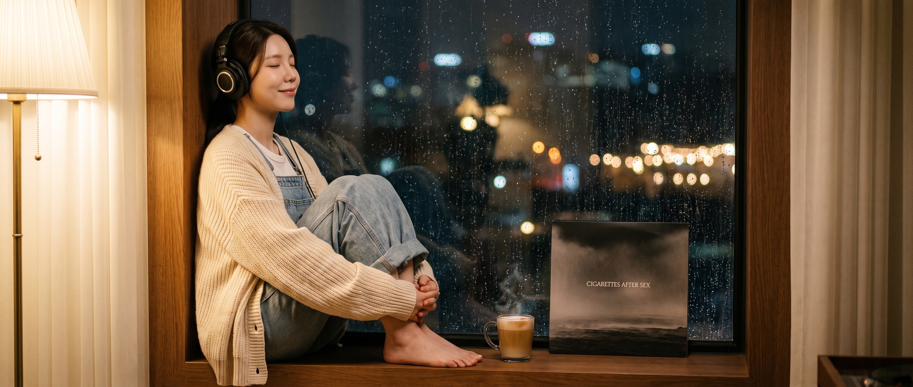 헤드폰을 끼고 창가에서 음악을 듣는 루나