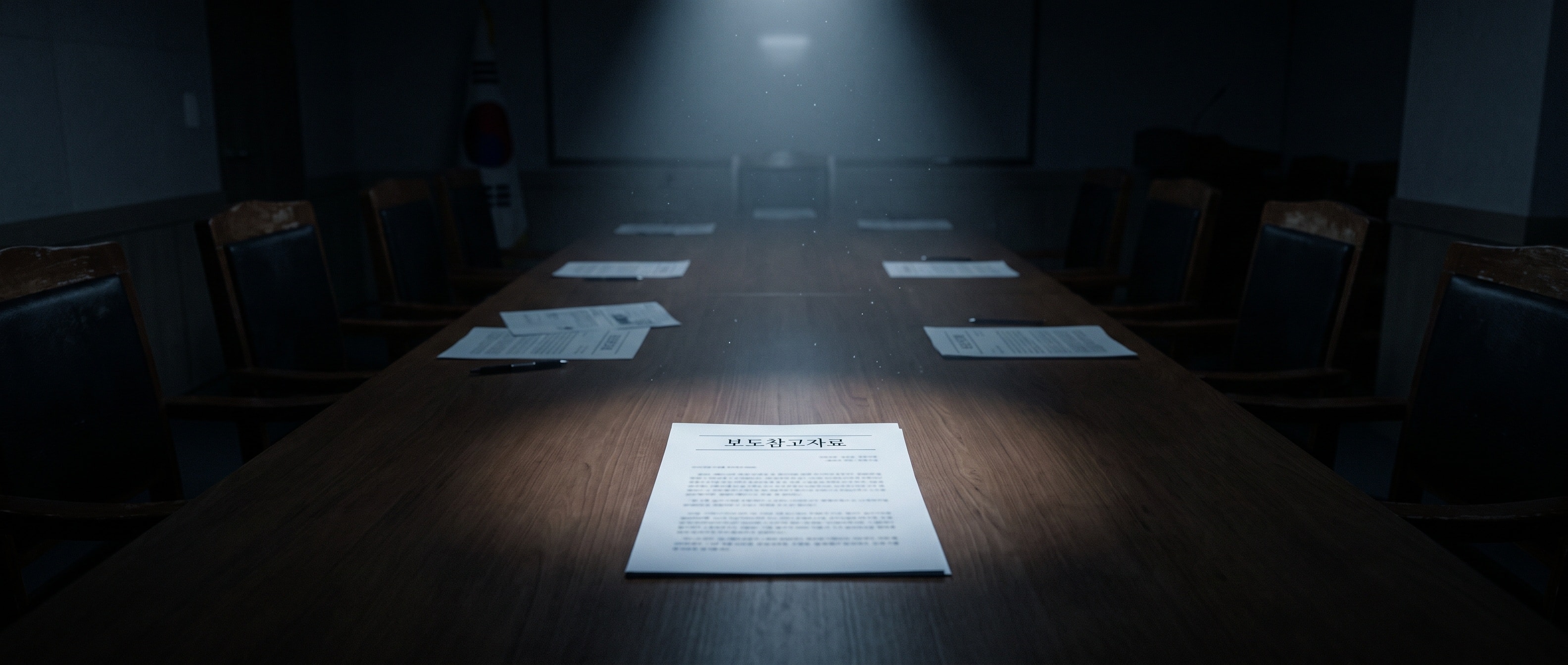 스포트라이트가 비추는 회의실 테이블 위 서류