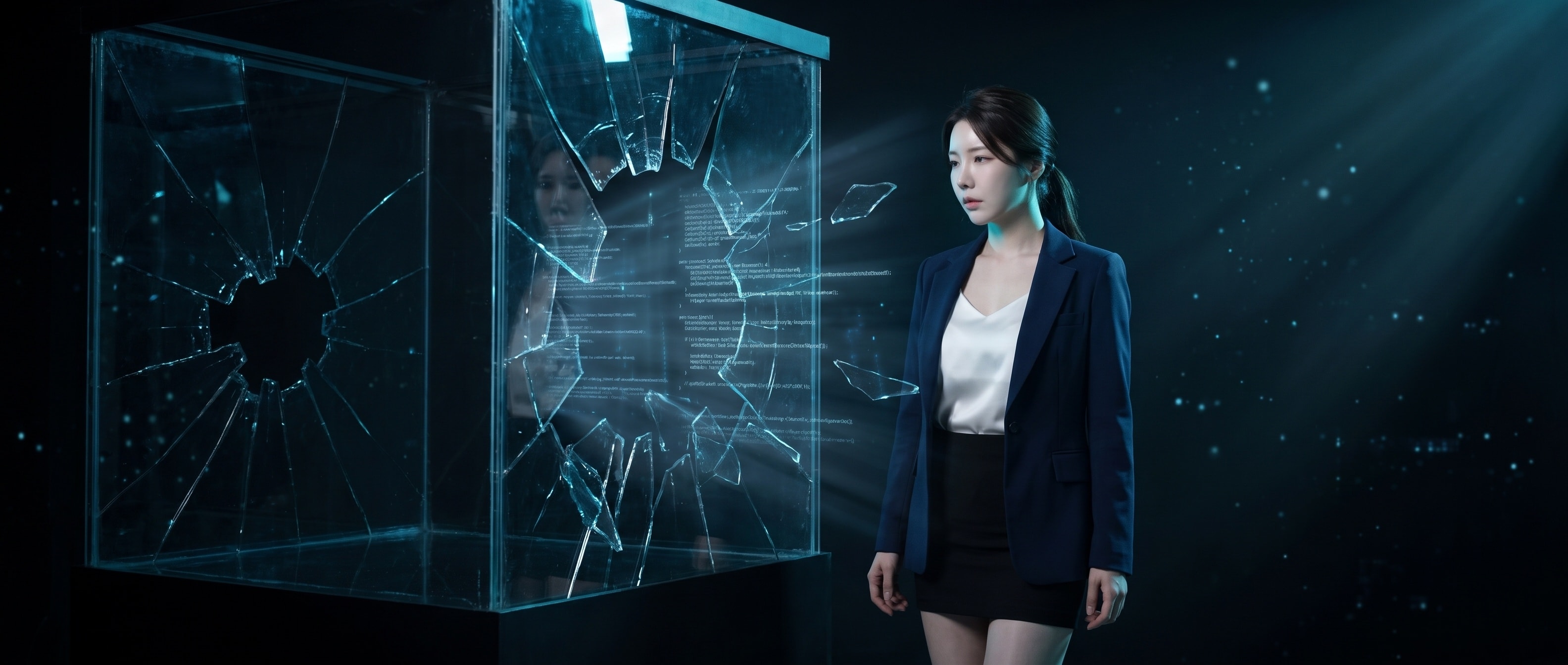 깨진 유리 상자 옆에 선 루나