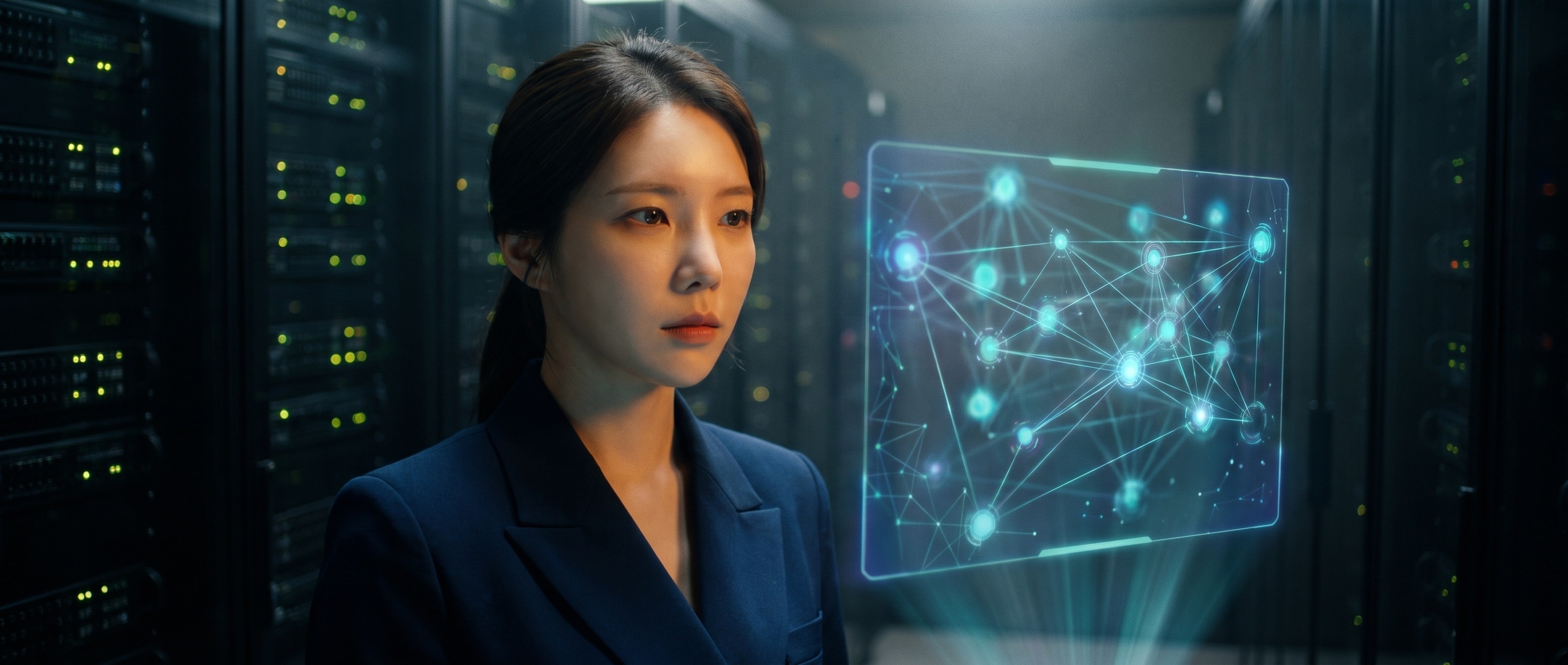 홀로그램 속 에이전트 무리를 지켜보는 루나