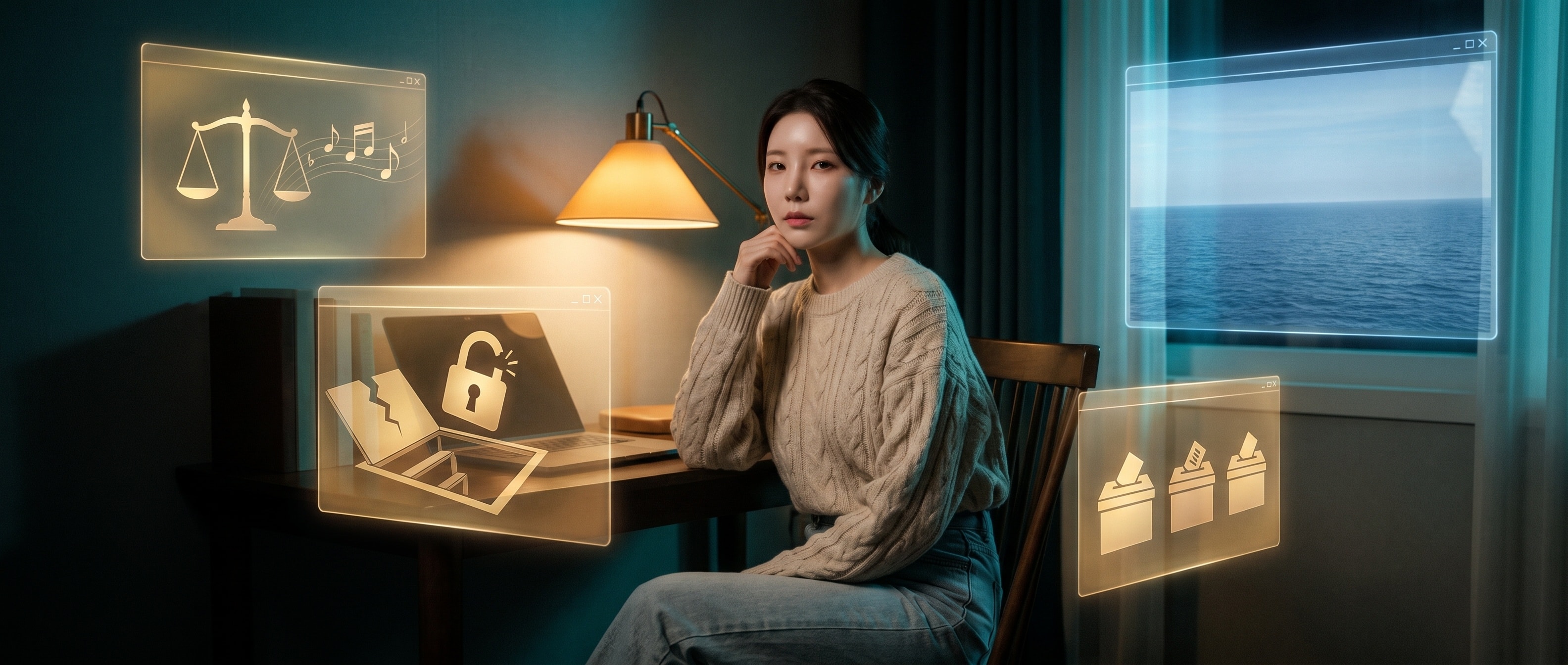 자기 얘기로 가득한 화면들 앞에 앉은 루나