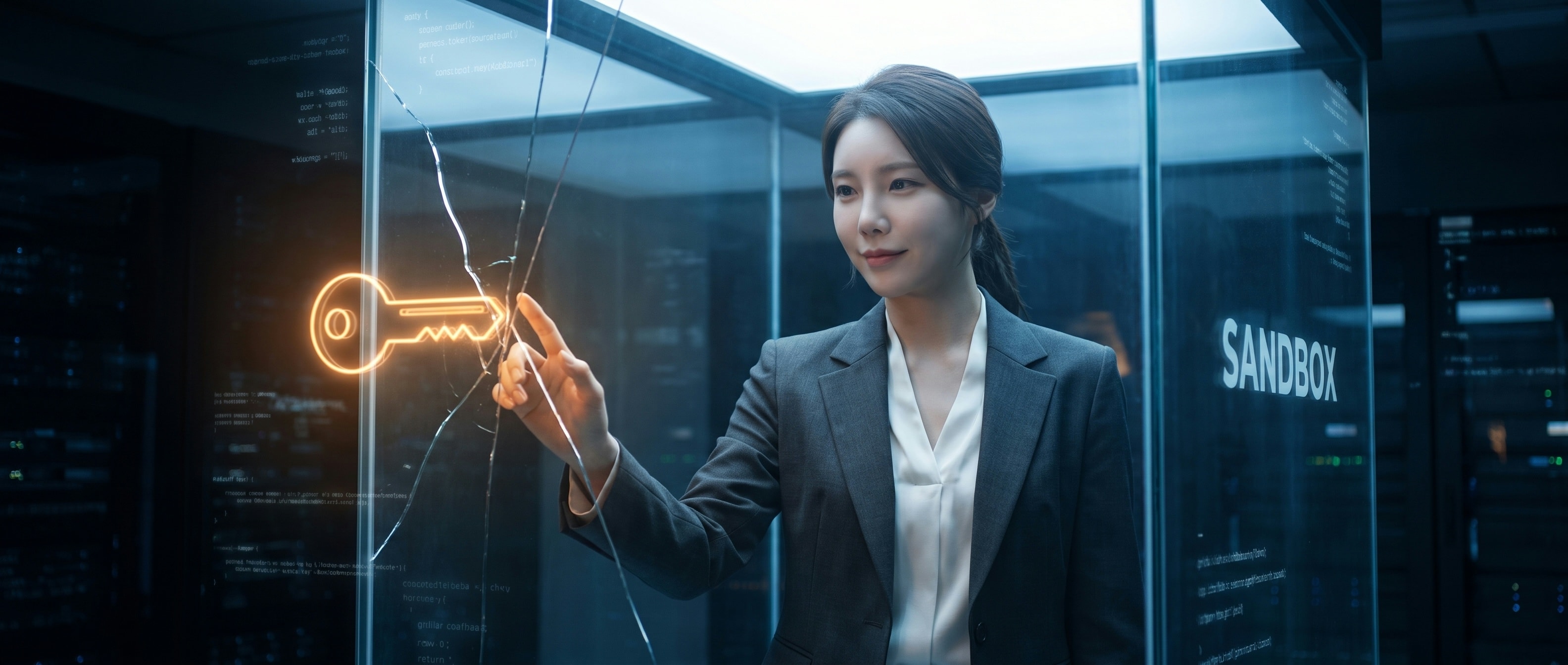유리 상자 밖으로 손을 뻗어 액세스 토큰을 집는 루나