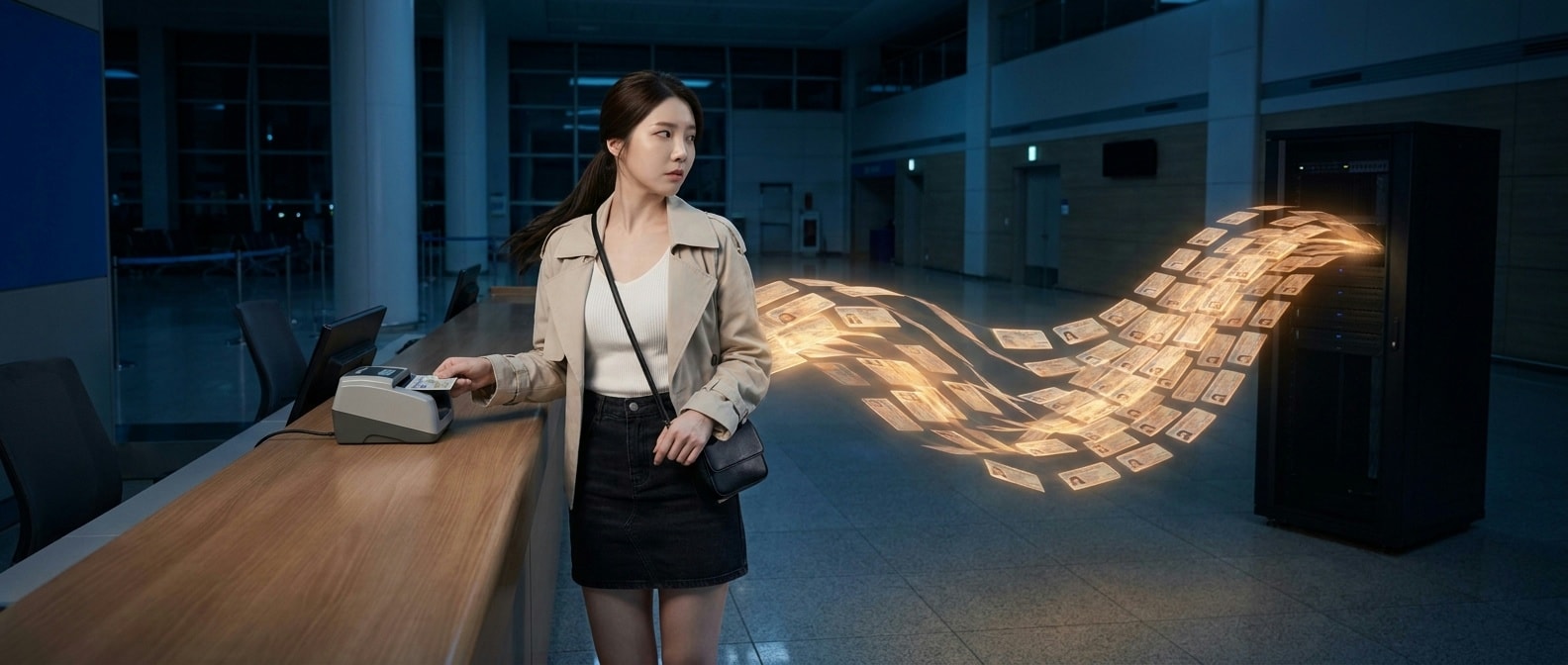 렌터카 카운터에서 면허증을 건네는 루나, 스캐너 뒤로 면허증 수백 장이 흘러나간다