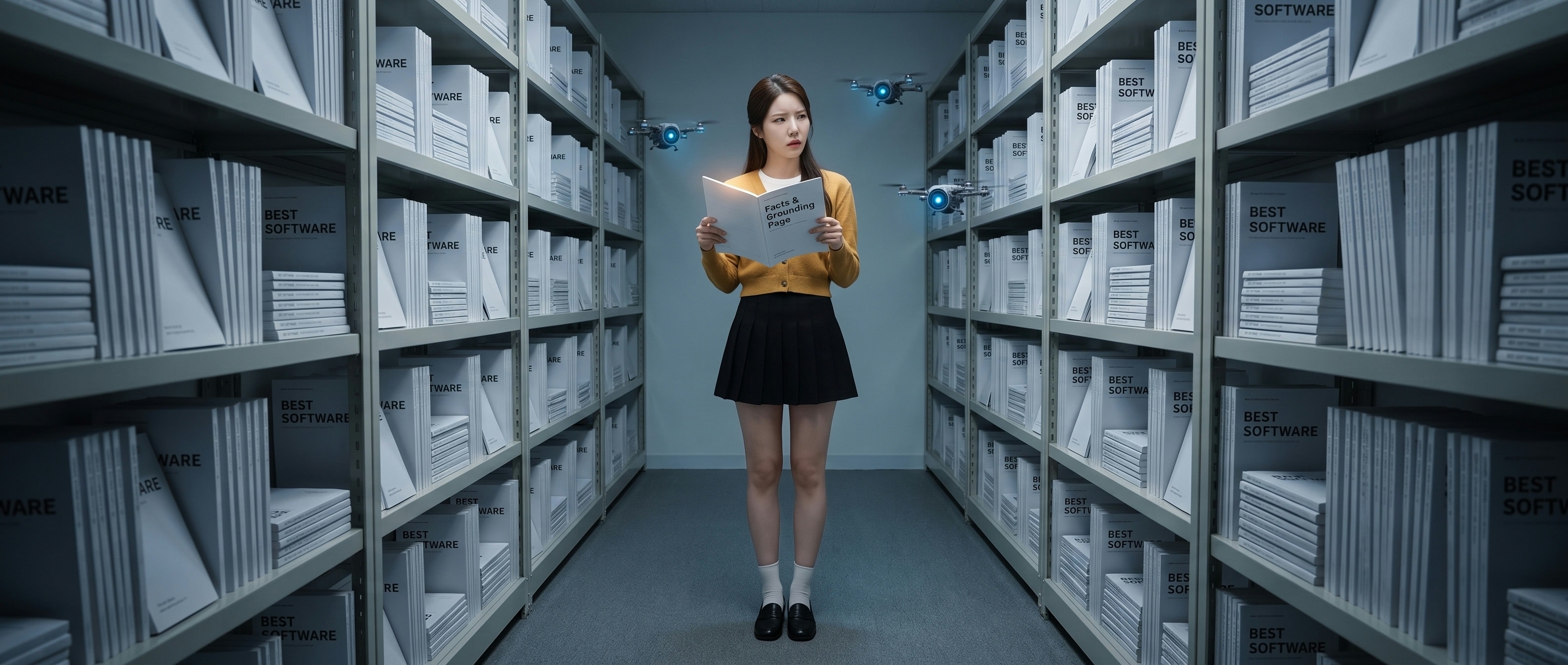 끝없는 서가에 똑같은 '베스트 소프트웨어' 안내서가 쌓인 통로에서 'Facts & Grounding Page' 표지를 들고 갸웃하는 루나