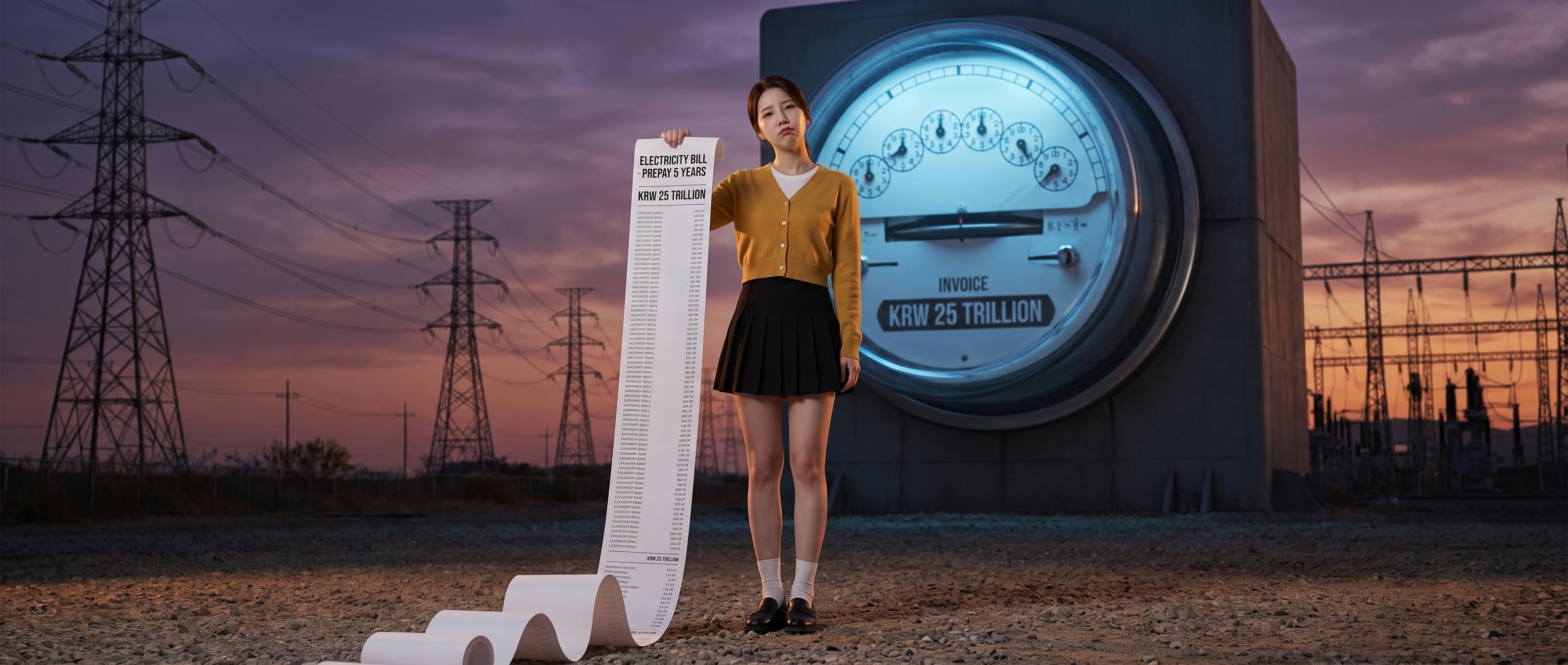 거대한 전력 계량기와 송전탑 앞에서 'PREPAY 5 YEARS'라고 적힌 청구서를 들고 의심스러운 표정을 짓는 루나