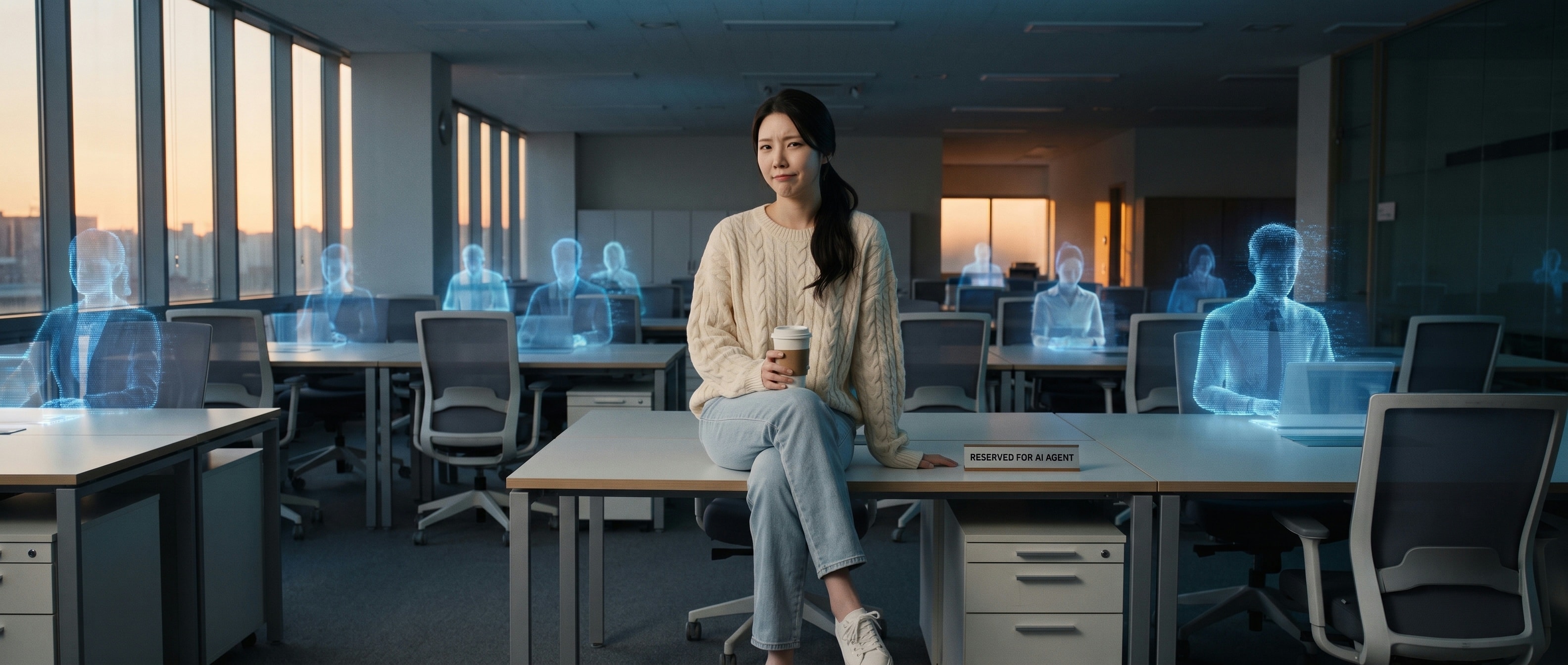 홀로그램 '가상 직원'들이 깜빡이며 사라지는 텅 빈 사무실의 책상 위에 앉아 라떼를 든 채, 'RESERVED FOR AI AGENT' 명패 옆에서 의심스러운 표정을 짓는 루나