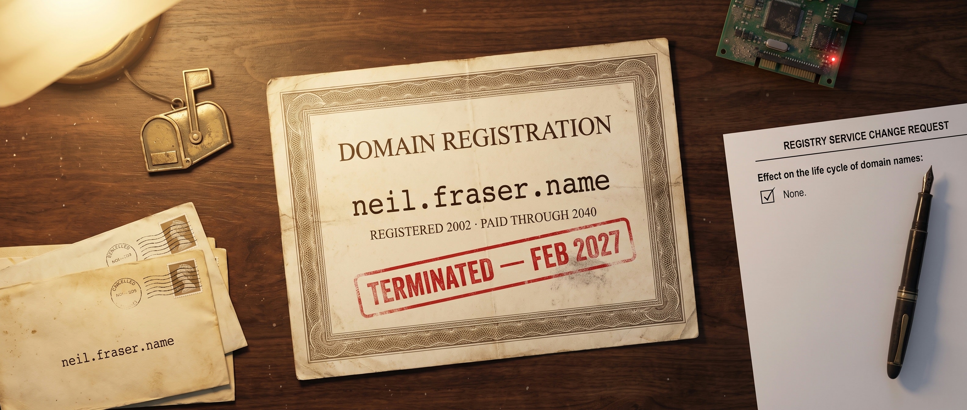 'neil.fraser.name — PAID THROUGH 2040' 등기 증서 위에 찍힌 'TERMINATED FEB 2027' 도장과, '수명 주기에 미치는 영향: None'이라고 답한 신청서 양식이 놓인 책상