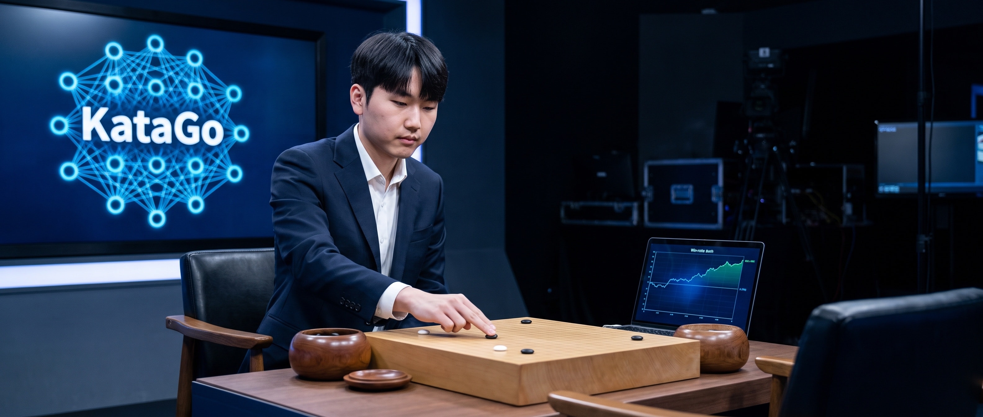 방송 스튜디오의 바둑판 앞에 앉은 신진서 9단, 화점에 놓인 흑돌 두 점과 맞은편 빈 의자, 벽면 화면의 KataGo 승률 그래프
