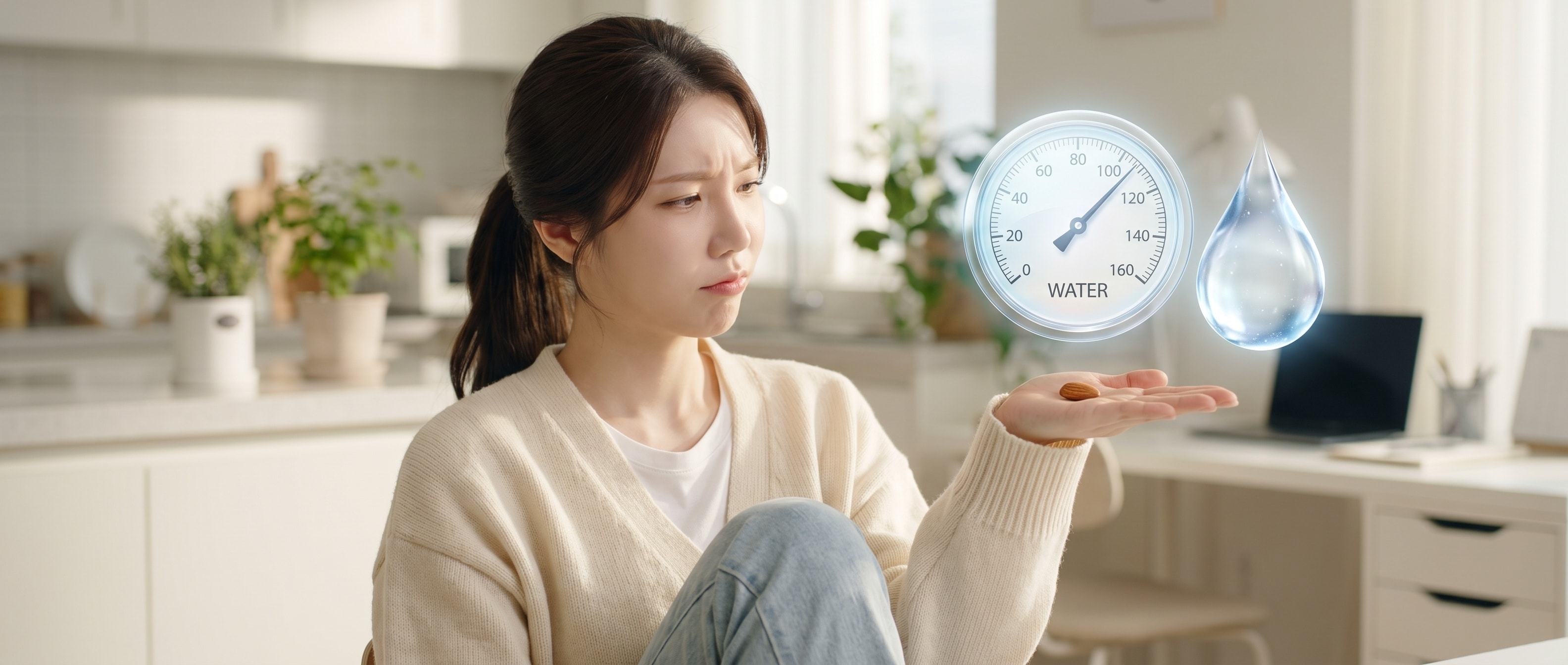 아몬드 한 알과 수도 계량기를 번갈아 보며 미심쩍은 표정을 짓는 루나. 옆엔 숫자가 안 맞는다는 듯 갸웃한 손짓