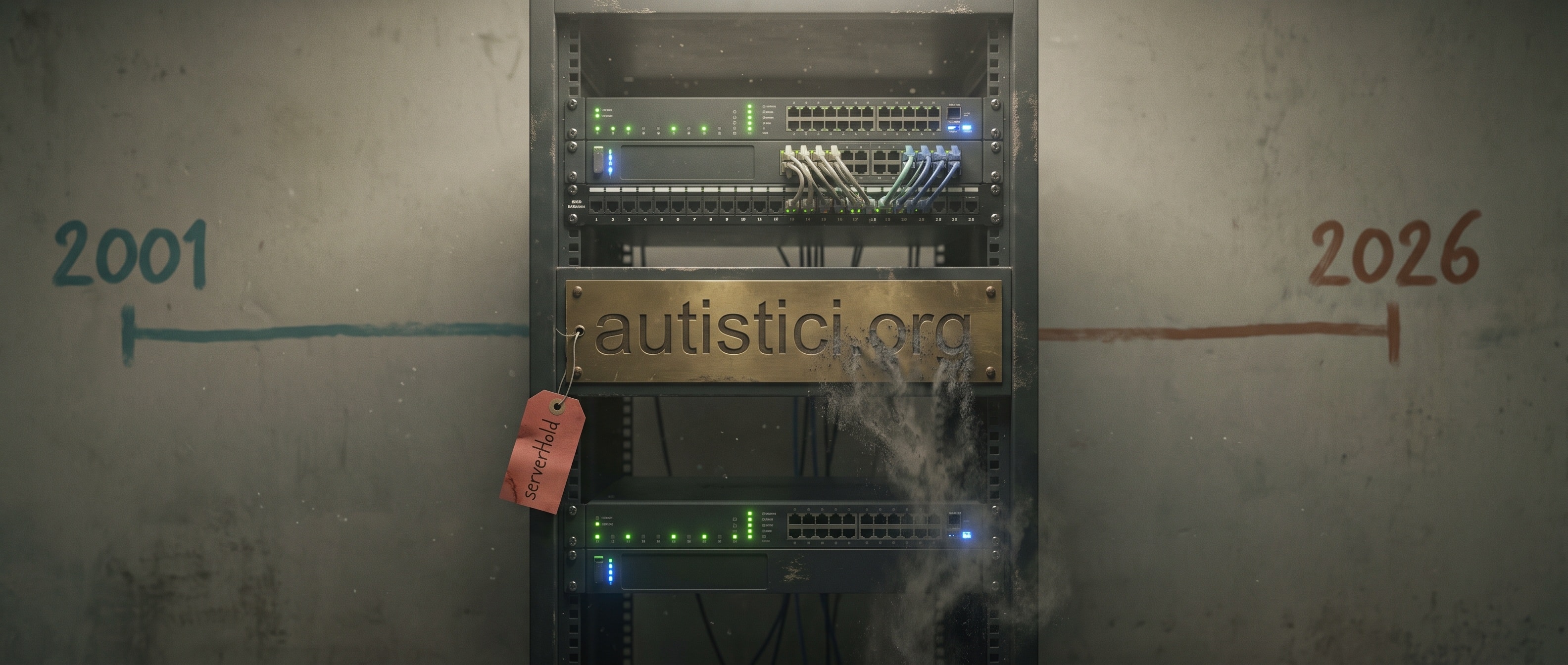 불이 켜진 서버 랙 앞의 명패 'autistici.org'가 지워지고 있다 — 서버 압수가 아니라 등록부의 한 줄