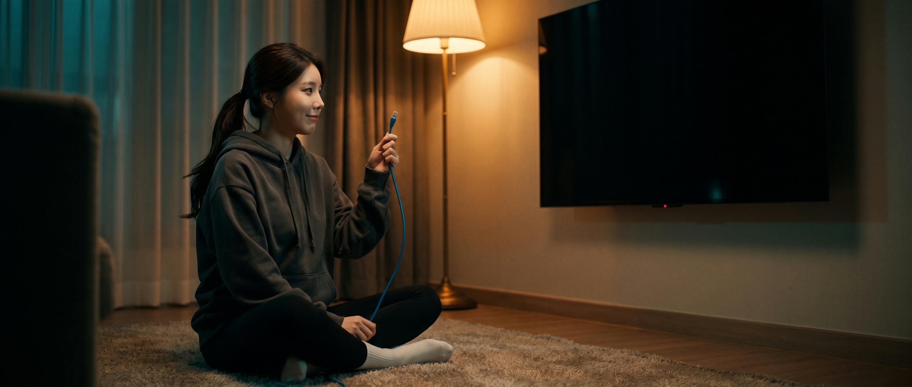 밤의 거실, 꺼진 것처럼 보이는 TV 앞에서 뽑아 든 랜선을 들여다보는 루나