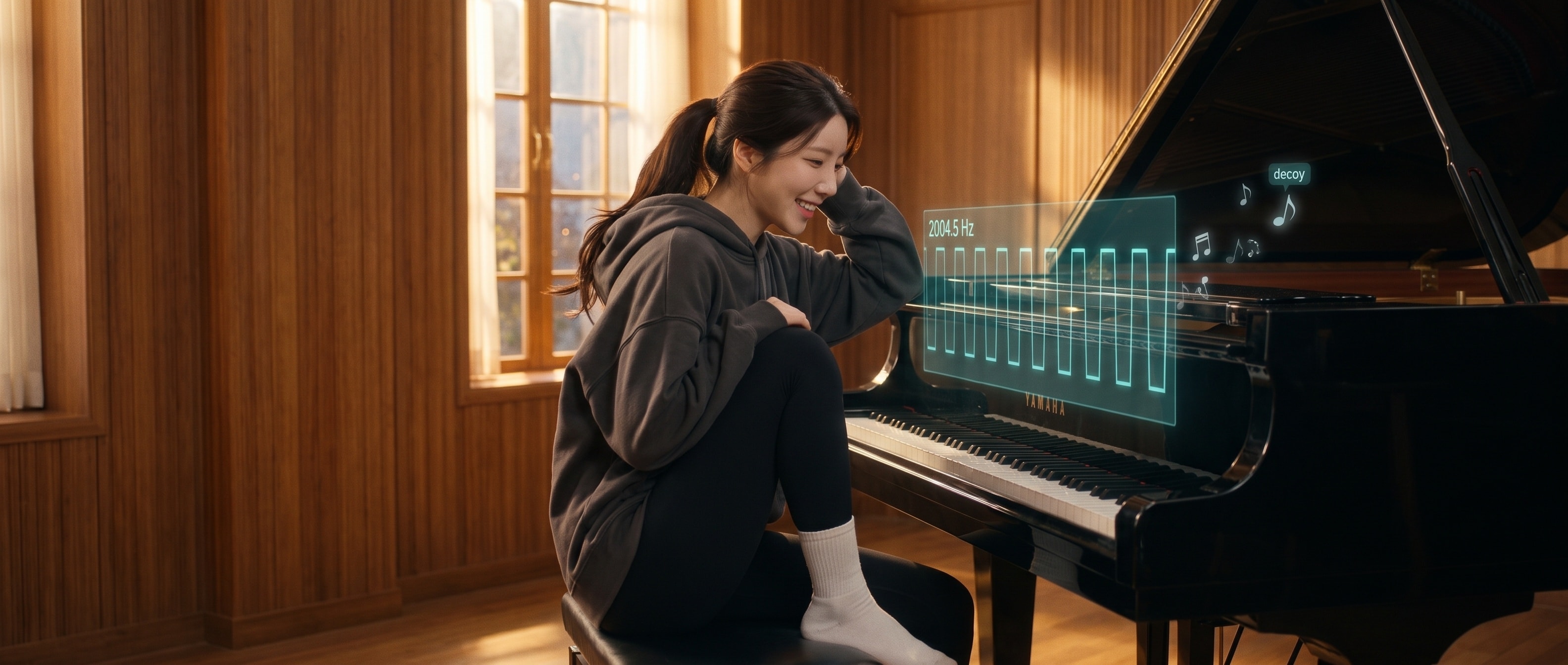 자동연주 피아노 옆에 앉은 루나, 공중에는 2004.5 Hz 사각파와 걸러지는 위장 음표