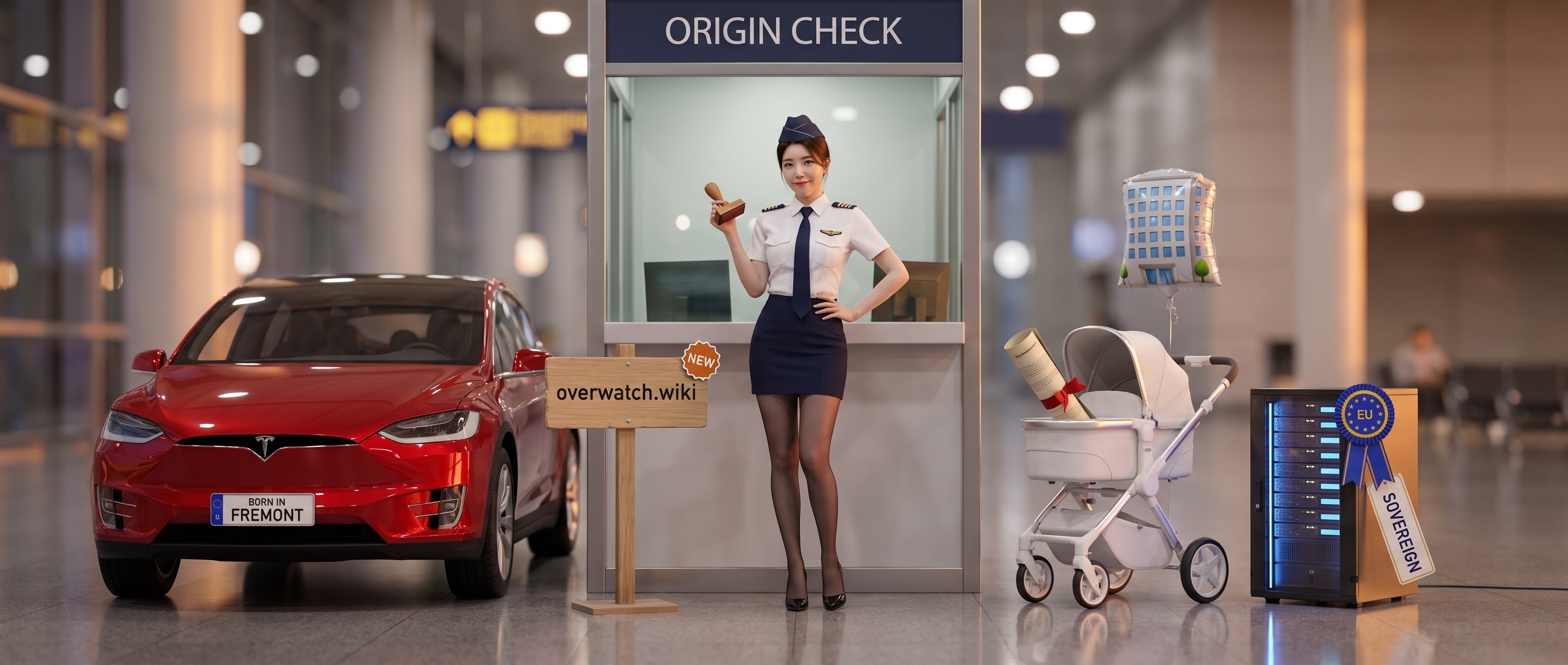 출입국 심사대에 앉은 루나 — 줄에는 원산지 태그를 단 테슬라, NEW 스티커가 붙은 위키 도메인 팻말, 등기부를 실은 유모차, 주권 리본을 두른 서버가 서 있다