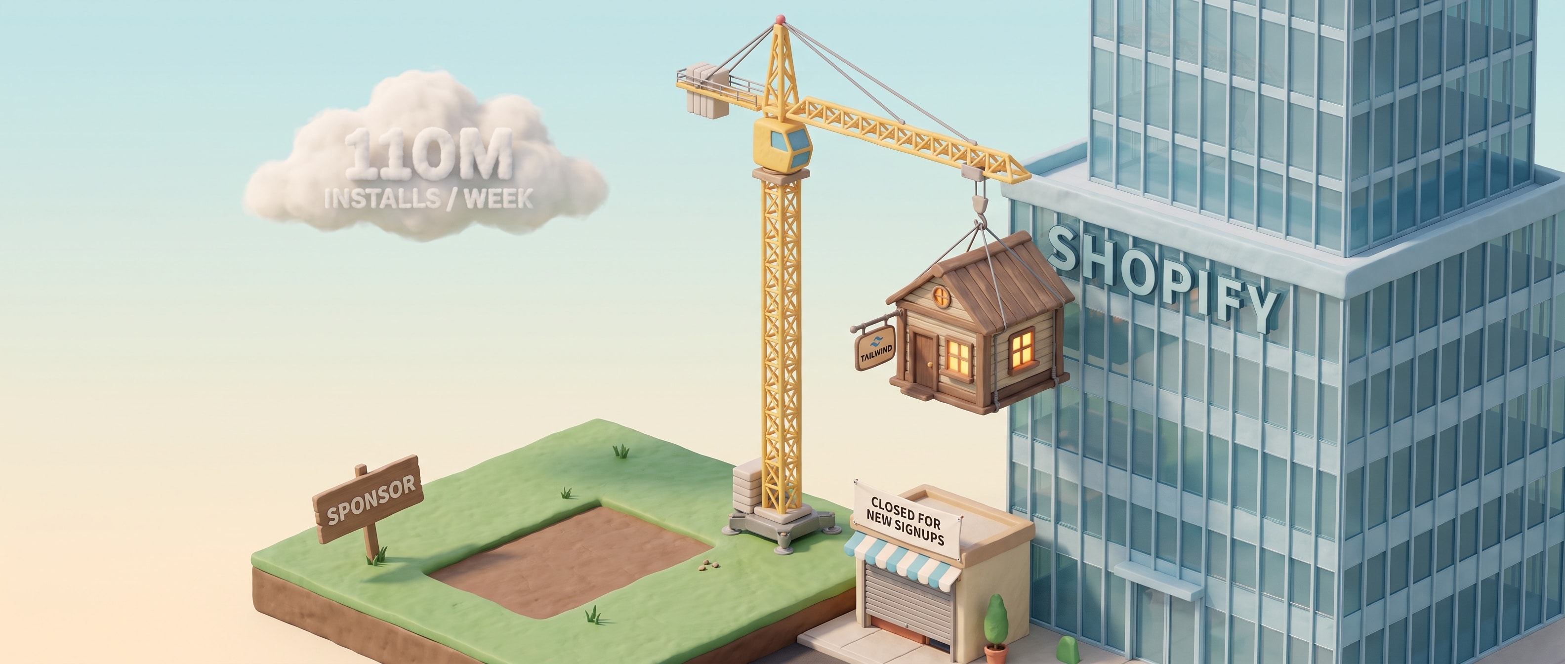 아이소메트릭 3D 렌더 — 크레인이 TAILWIND 간판이 달린 작고 아늑한 목조 집을 들어 올려 SHOPIFY 라고 적힌 거대한 유리 빌딩 옥상으로 옮기고 있고, 집이 서 있던 빈 터에는 SPONSOR 팻말이 기울어져 남아 있으며, 옆 작은 가게 셔터에는 CLOSED FOR NEW SIGNUPS 배너가, 하늘엔 110M INSTALLS / WEEK 라는 구름 글자가 떠 있다 — 사람은 없다