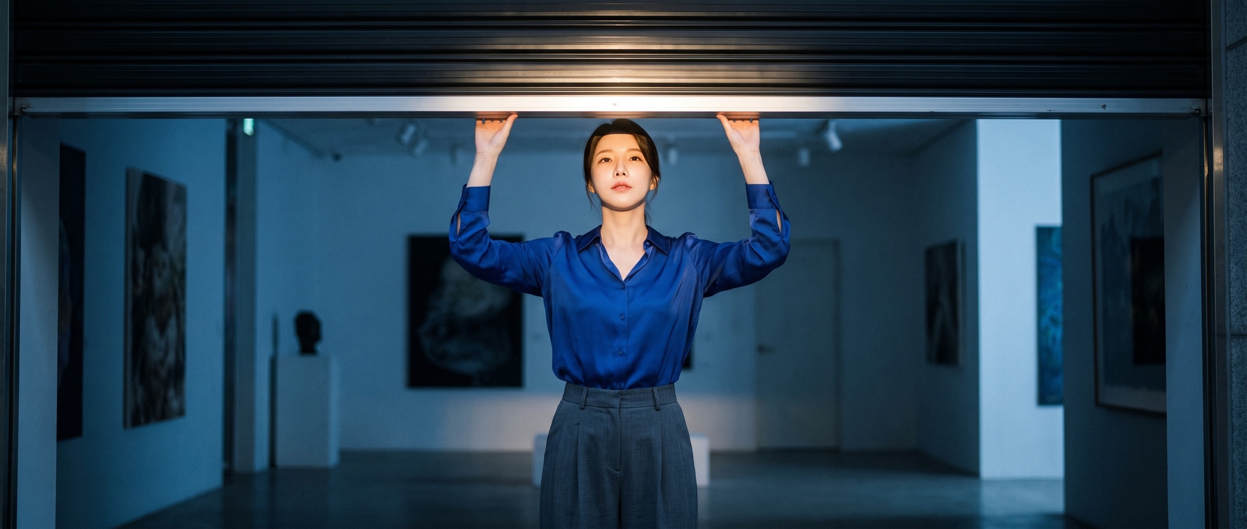21:9 시네마틱. 어두운 갤러리에서 코발트블루 블라우스에 차콜 슬랙스를 입은 루나가 반쯤 내려온 검은 셔터 아래로 손을 뻗어 그 틈을 다시 조금 들어 올리려 하고 있다. 셔터 뒤로 새어 나오는 빛이 얼굴을 밝힌다. 차분하고 단단한 표정, 얕은 심도, 포토리얼 편집 사진