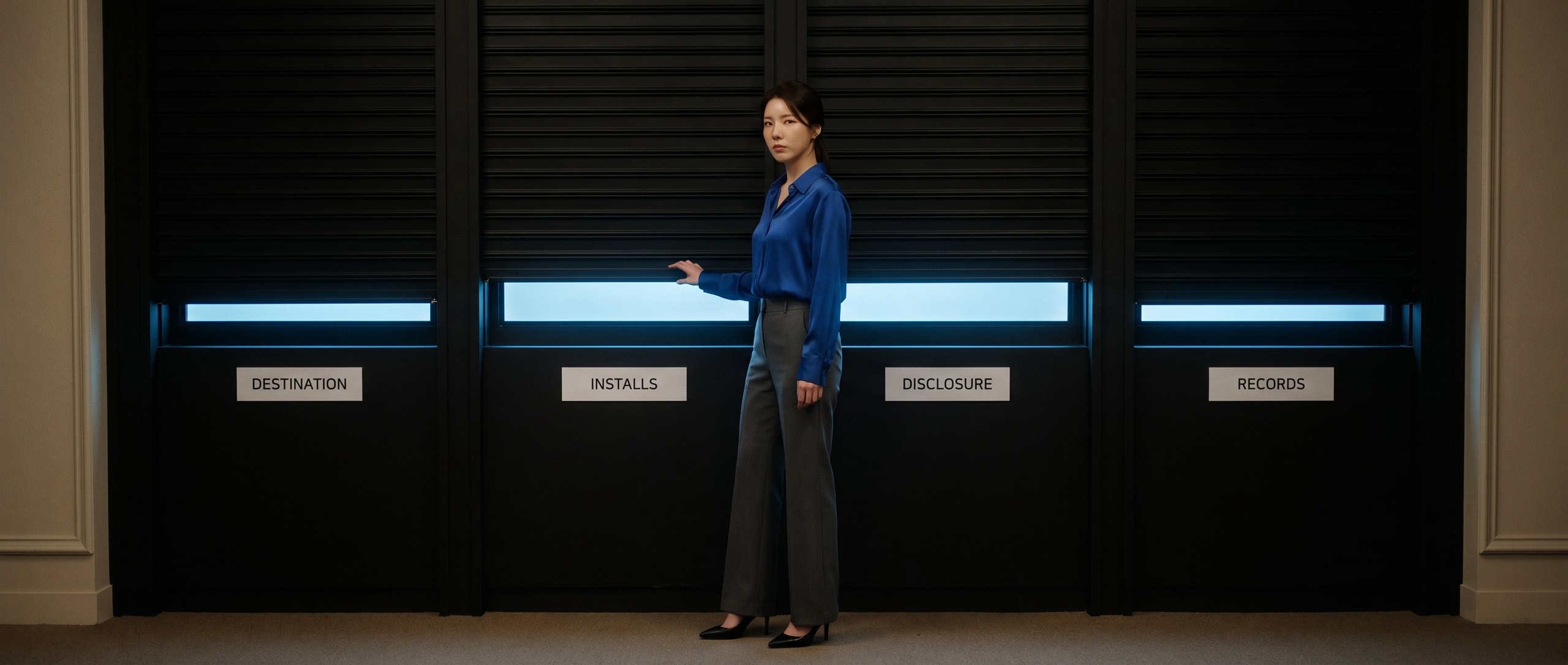 어두운 아카이브 갤러리에서, 벽에 걸린 네 개의 백라이트 스크린 위로 검은 셔터가 반쯤 내려와 있고 그 아래로 DESTINATION · INSTALLS · DISCLOSURE · RECORDS 라벨만 보인다. 코발트블루 블라우스에 차콜 와이드 슬랙스를 입은 루나가 한 셔터에 손을 얹은 채 카메라를 향해 미심쩍은 표정을 짓고 있다