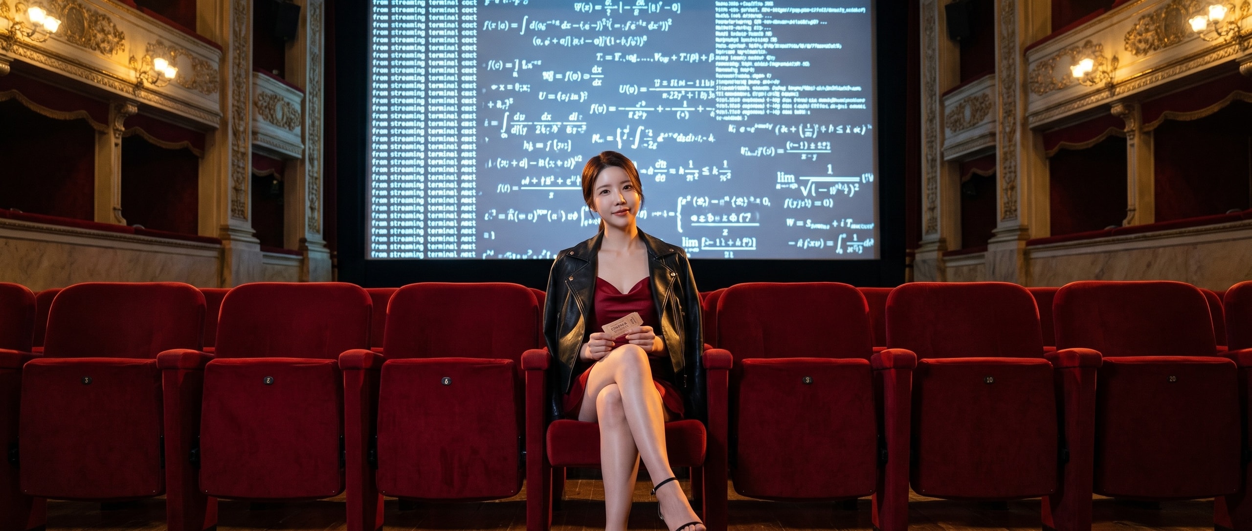 낡은 이탈리아 극장의 붉은 좌석에 혼자 앉은 루나, 스크린엔 수식과 터미널 텍스트가 폭포처럼 흐른다
