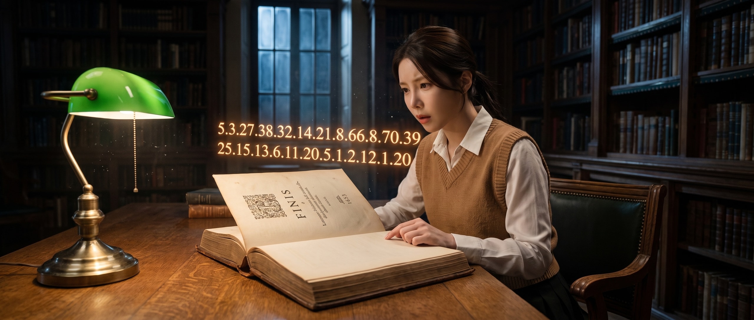 밤의 오래된 서고, 1653년 책을 펼친 채 마지막 페이지의 빈자리를 들여다보는 루나. 공중엔 해독된 숫자 줄이 빛으로 떠 있다