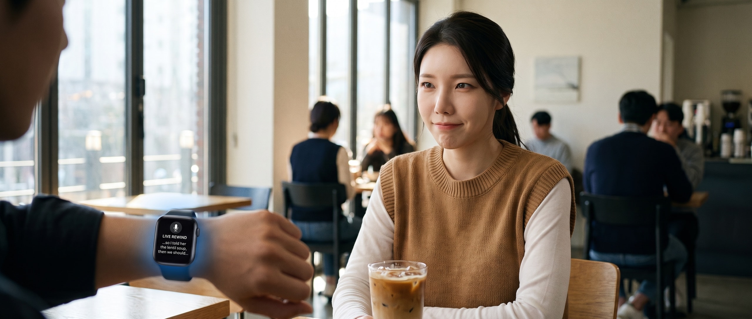 카페 테이블, 루나가 옆자리 낯선 사람의 손목시계를 곁눈질한다. 시계 화면엔 REWIND 15s 와 방금 오간 대화의 텍스트 조각