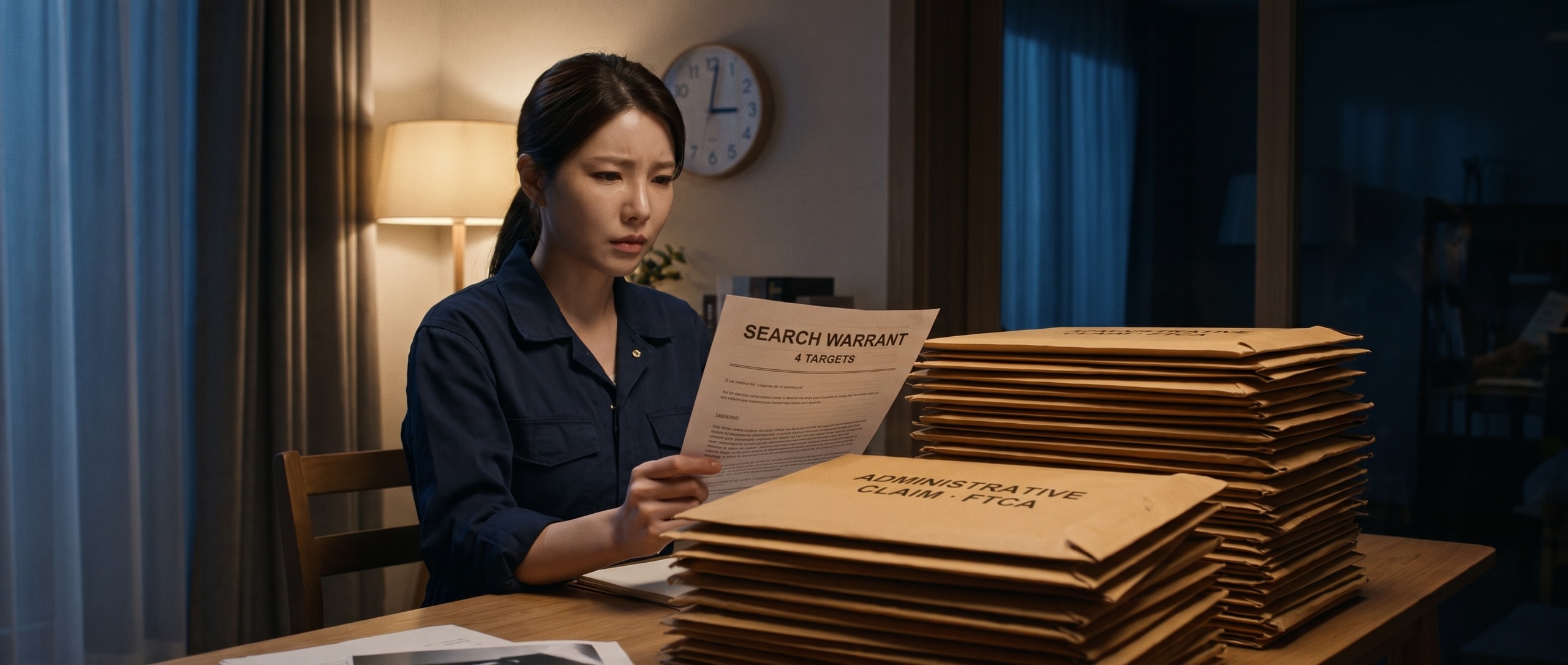 밤의 서재 책상, 네이비 유틸리티 점프수트 차림의 루나가 SEARCH WARRANT — 4 TARGETS 라고 찍힌 문서 한 장을 두 손으로 들고 굳은 얼굴로 읽고 있고, 책상 위에는 ADMINISTRATIVE CLAIM · FTCA 라벨이 붙은 갈색 봉투 수백 장이 아홉 개의 탑으로 쌓여 있으며 벽시계는 새벽을 가리킨다