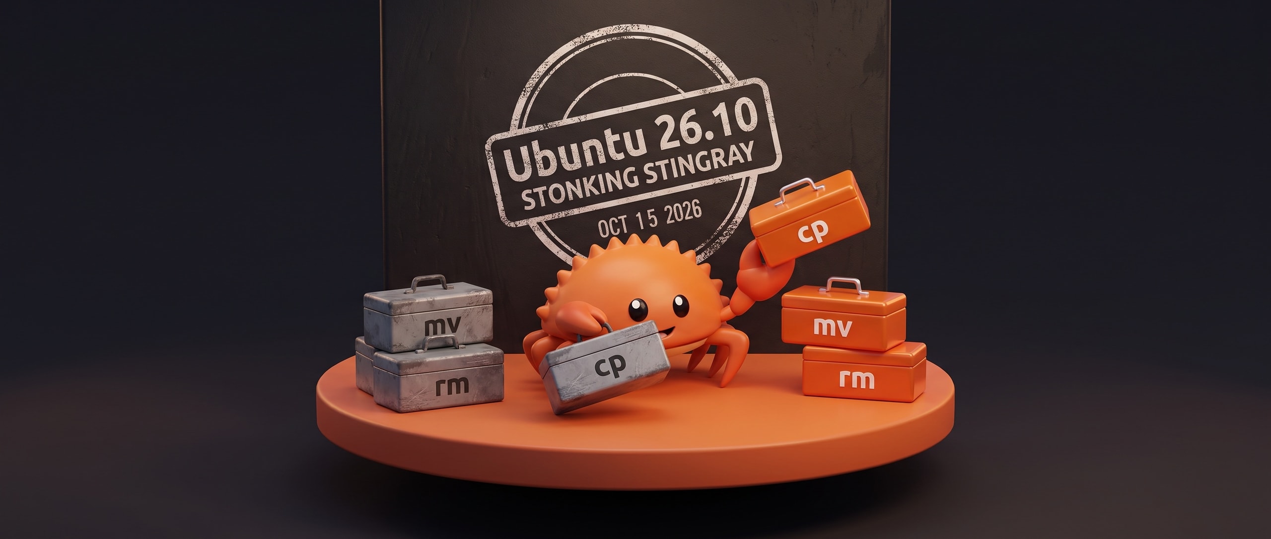 우주에서 본 듯한 오렌지빛 Ubuntu 원형 플랫폼 위에서 녹슨 오렌지색 게 페리스가 cp, mv, rm 이라고 적힌 세 개의 낡은 GNU 툴박스를 반짝이는 새 툴박스로 바꿔 놓고 있고, 뒤쪽 벽에는 26.10 STONKING STINGRAY 와 OCT 15 2026 이 찍힌 스탬프