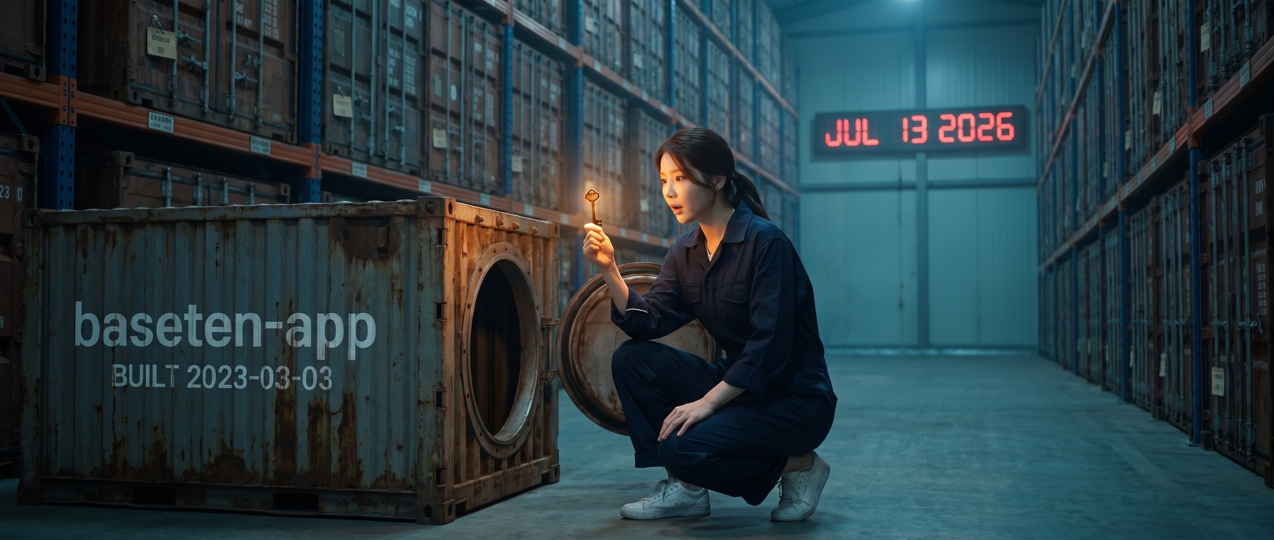 어두운 컨테이너 레지스트리 창고, 네이비 유틸리티 점프수트를 입은 루나가 BUILT 2023-03-03 이라 스텐실된 낡은 컨테이너의 작은 해치를 열어 안에서 아직 따뜻하게 빛나는 놋쇠 열쇠를 꺼내 들고 놀란 얼굴로 바라본다 — 저 멀리 벽의 전광판에는 JUL 13 2026