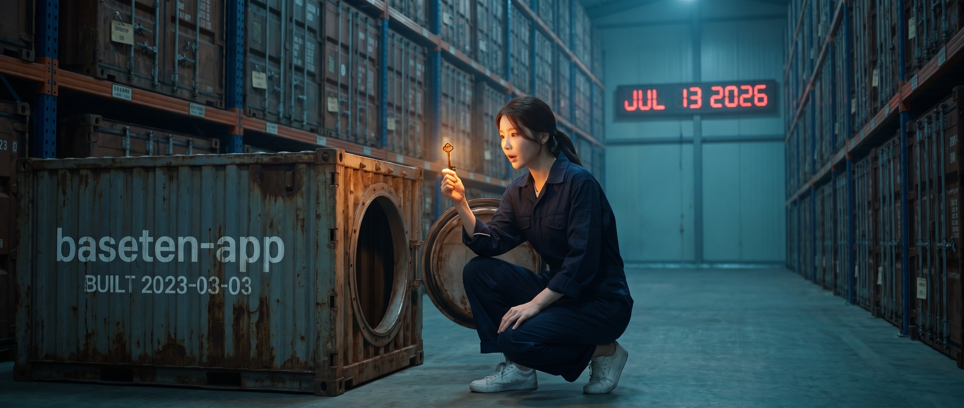 어두운 컨테이너 레지스트리 창고, 네이비 유틸리티 점프수트를 입은 루나가 BUILT 2023-03-03 이라 스텐실된 낡은 컨테이너의 작은 해치를 열어 안에서 아직 따뜻하게 빛나는 놋쇠 열쇠를 꺼내 들고 놀란 얼굴로 바라본다 — 저 멀리 벽의 전광판에는 JUL 13 2026