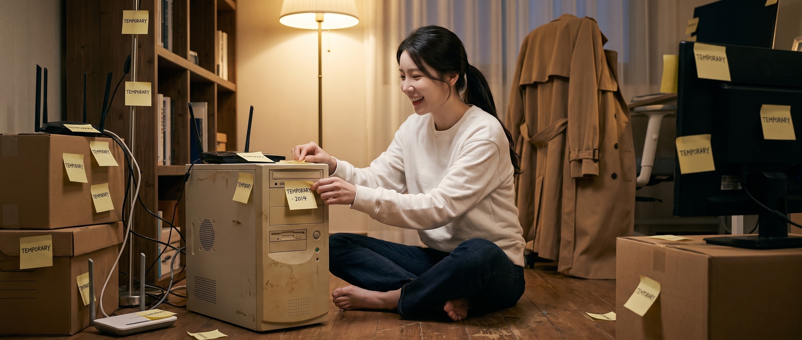 밤의 아늑한 홈오피스 바닥, 트렌치코트를 벗고 화이트 크루넥에 청바지 차림으로 앉은 루나가 웃으며 낡은 베이지색 PC 타워에 TEMPORARY · 2014 라고 적힌 노란 포스트잇을 붙이고 있다 — 주변의 케이블·라우터·상자마다 똑같은 TEMPORARY 포스트잇이 수십 장 붙어 있고 그중 몇 장은 누렇게 바랬다