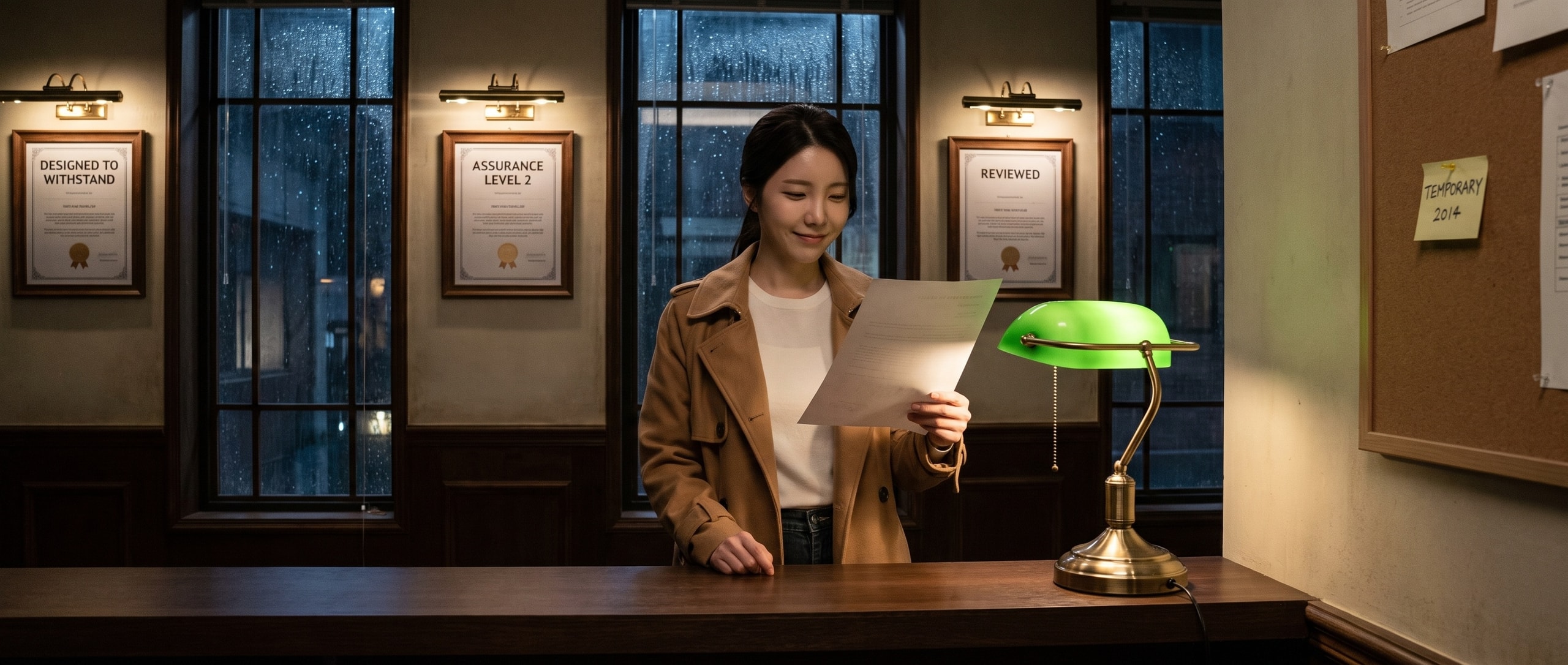 밤의 오래된 증명서 창구, 카멜 트렌치코트를 입은 루나가 종이 증명서 한 장을 초록 갓 램프에 비춰 워터마크를 확인하고 있다 — 뒤편 벽에는 DESIGNED TO WITHSTAND · ASSURANCE LEVEL 2 · REVIEWED 라 적힌 액자 세 개가 걸려 있고, 그 옆 코르크판에 2014 라고 적힌 누런 포스트잇 TEMPORARY 한 장