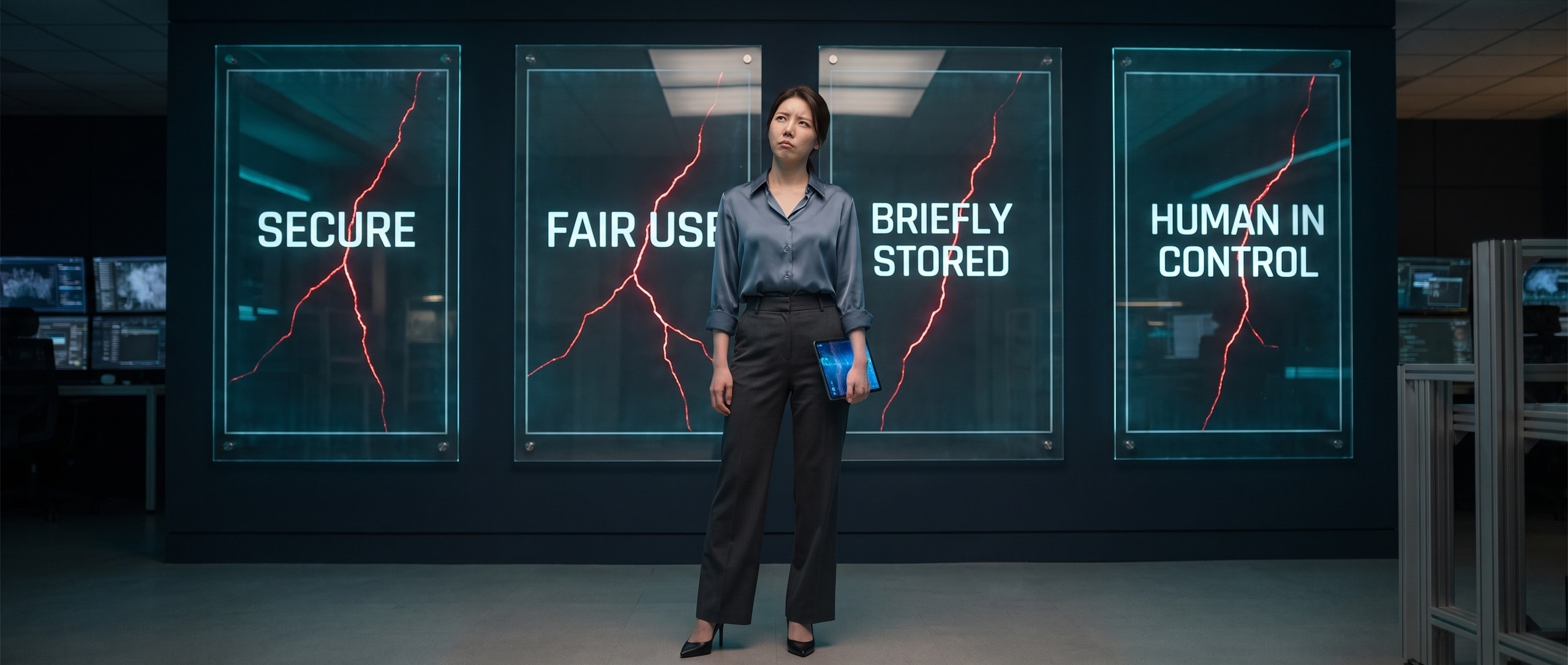 어두운 브리핑룸 벽에 SECURE, FAIR USE, BRIEFLY STORED, HUMAN IN CONTROL 라고 적힌 네 개의 백라이트 패널이 걸려 있고 각 패널에 붉은 균열이 가 있는 앞에서, 태블릿을 든 루나가 회의적인 표정으로 올려다보는 모습