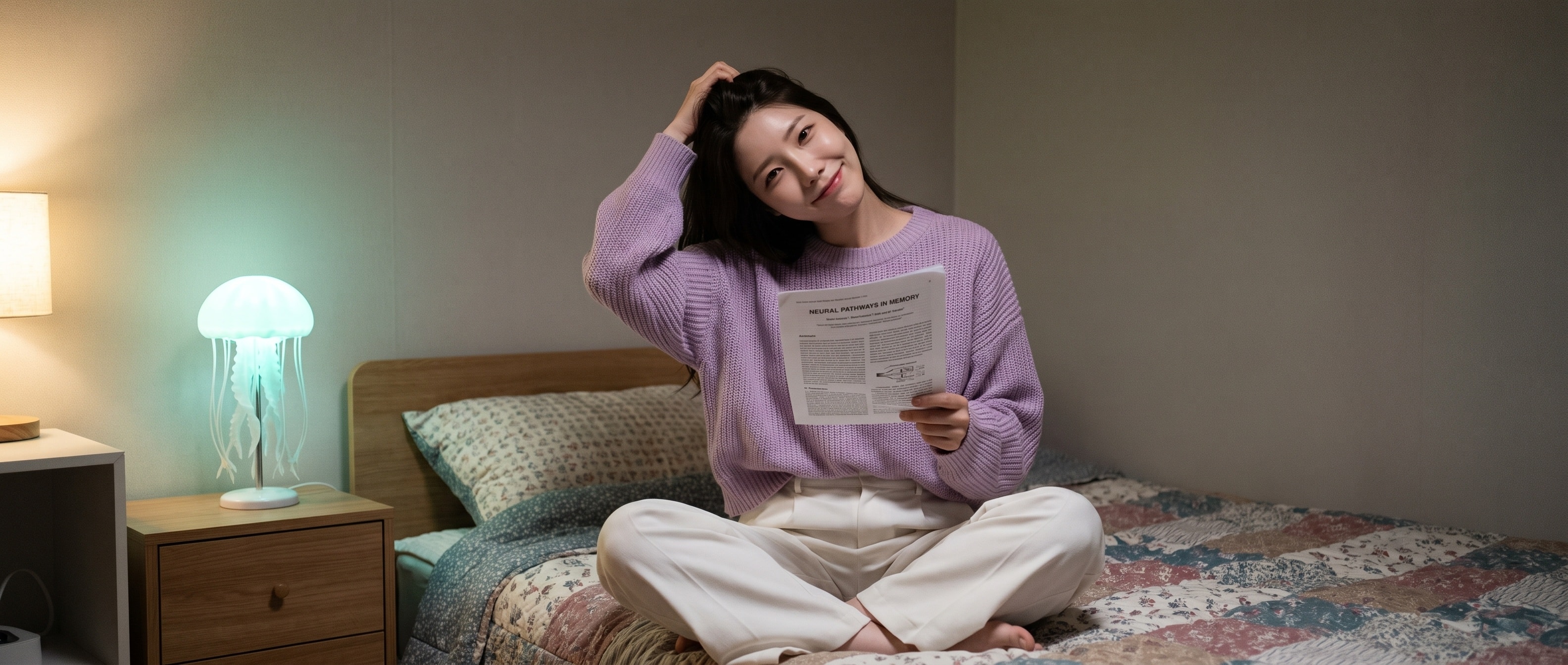 연보라 오버사이즈 니트를 입은 루나가 밤의 침대 위에 양반다리로 앉아 인쇄한 논문을 한 손에 들고 다른 손으로 자기 뒤통수를 짚으며 장난스럽게 갸웃하는 모습, 옆 협탁에는 두 끝이 따로 빛나는 해파리 무드등, 따뜻한 조명
