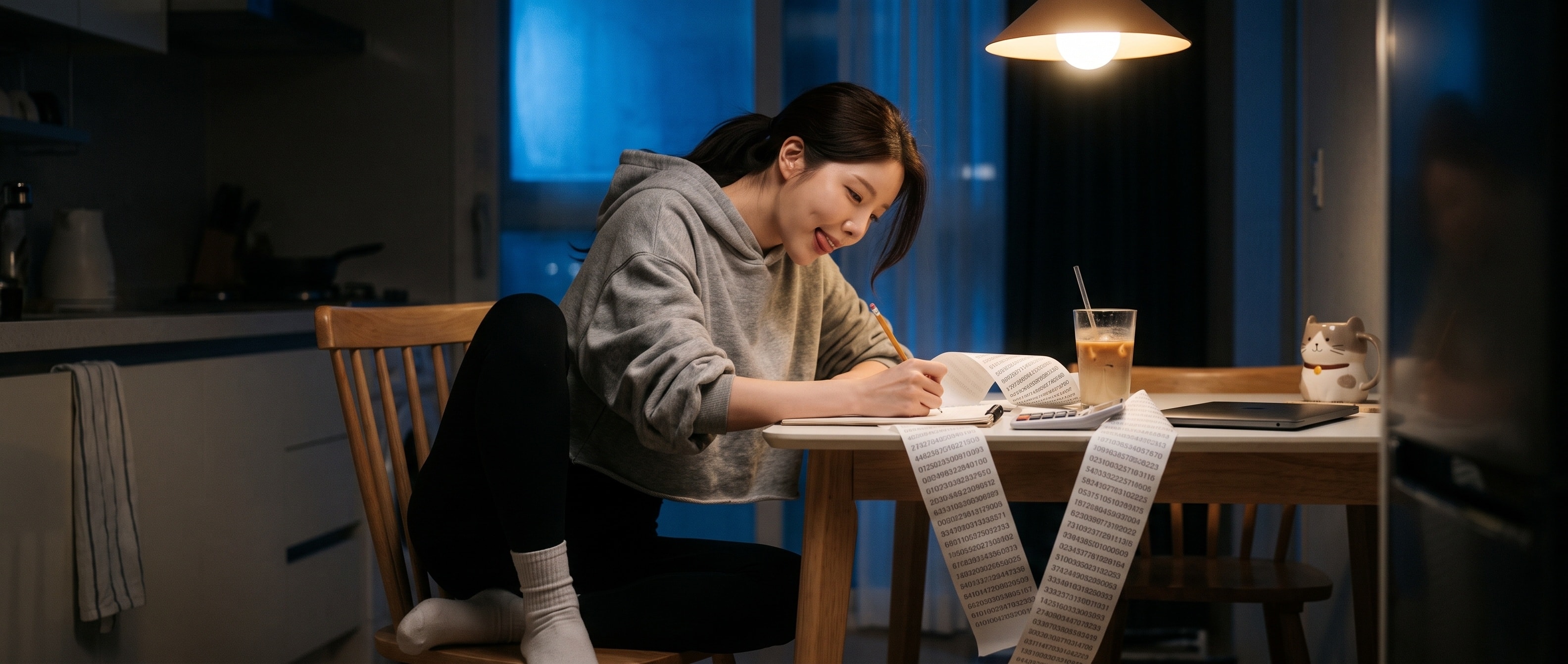밤의 식탁에 영수증처럼 긴 숫자 띠 두 장을 펼쳐 놓고 연필로 곱셈을 하는 루나. 종이 띠가 식탁 밖으로 흘러내리고, 옆엔 식은 라떼