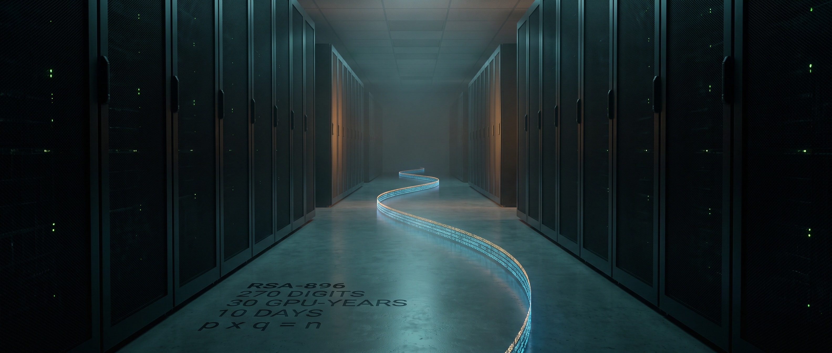 밤의 데이터센터 복도, 대부분 꺼진 GPU 랙 사이로 가느다란 빛의 띠처럼 흐르는 270자리 숫자와 RSA-896 · 270 DIGITS · 30 GPU-YEARS · 10 DAYS 라벨
