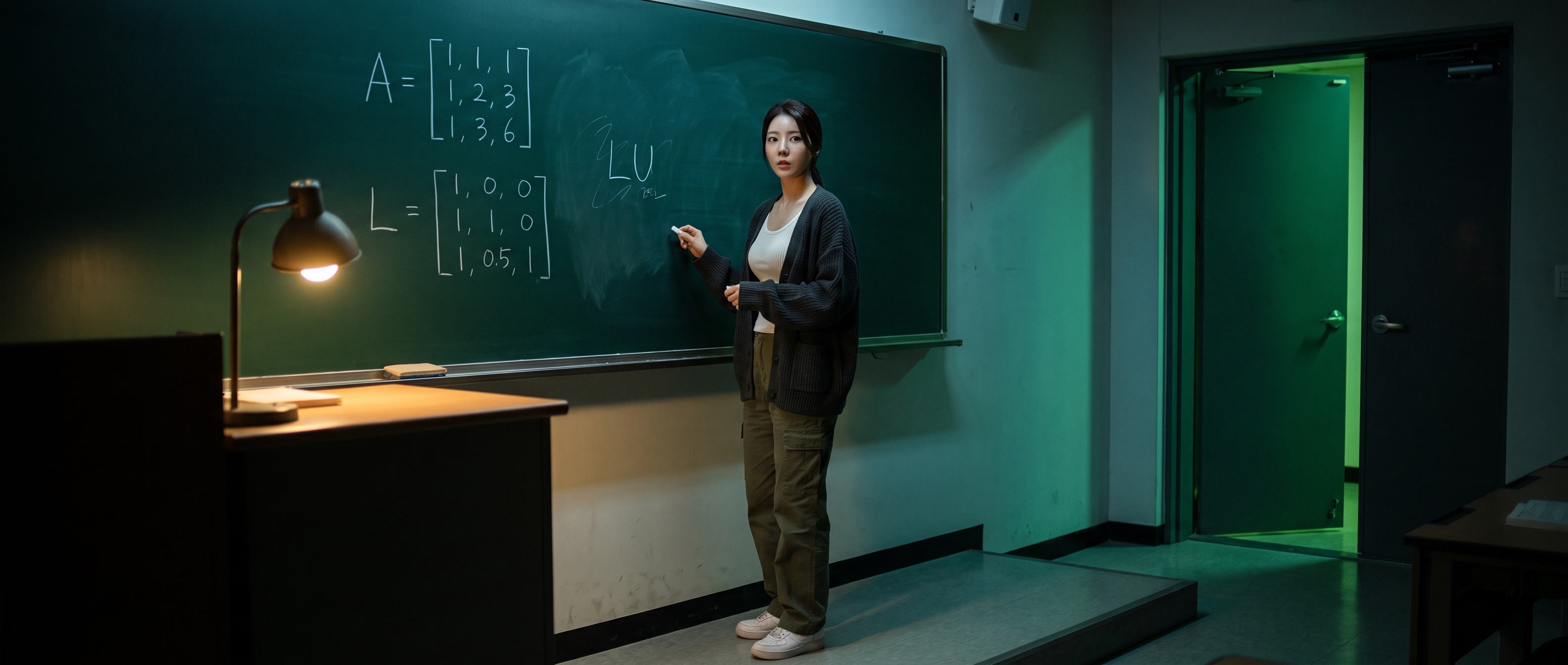 어두운 강의실 칠판 앞에 선 루나. 칠판에는 3×3 행렬 A와 LU 분해 결과 L이 분필로 적혀 있고, 오른쪽 끝의 육중한 철문이 손가락 하나 폭만큼 열려 초록빛이 새어 나온다. 루나는 분필을 든 채 카메라 쪽으로 돌아서서 살짝 경계하는 표정이다