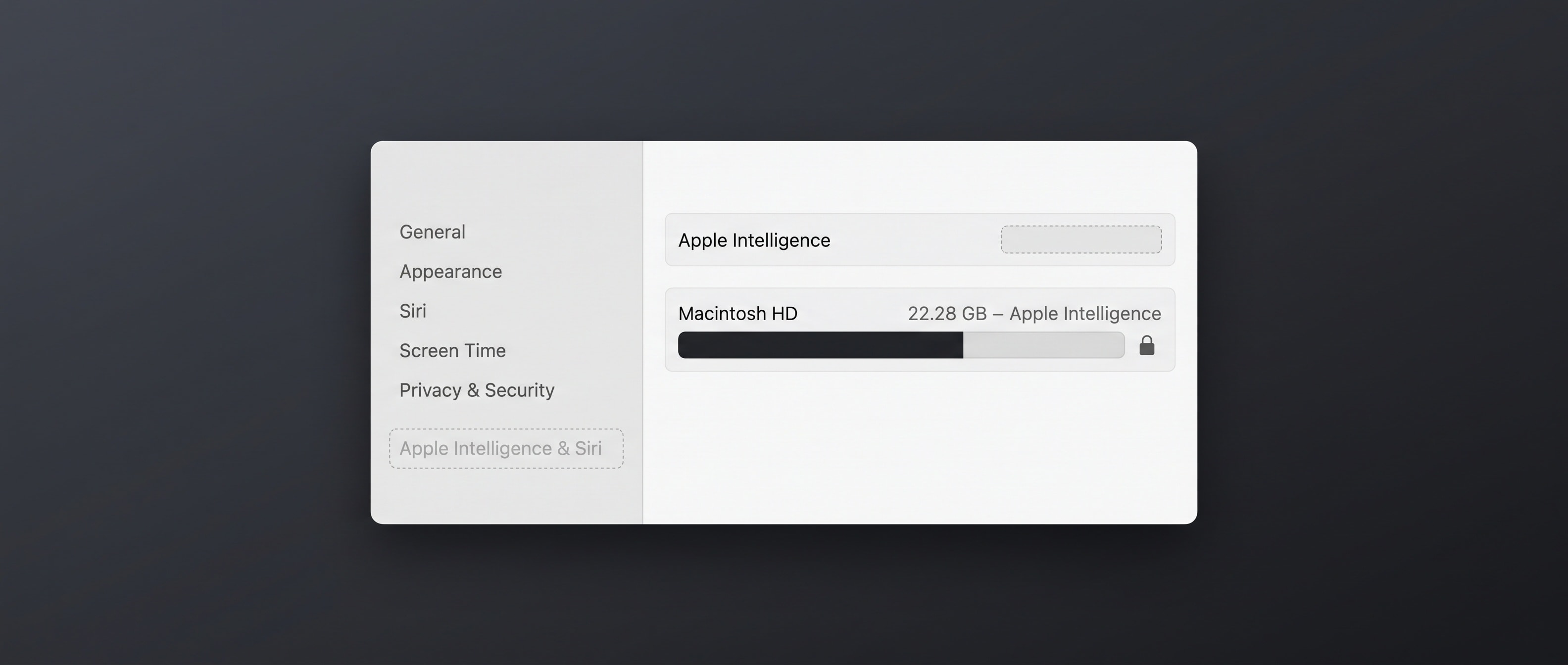 macOS 시스템 설정을 닮은 미니멀한 설정 패널 일러스트. 왼쪽 목록의 Apple Intelligence & Siri 항목이 회색 점선으로만 남아 있고, 오른쪽 패널에는 토글이 있던 자리에 빈 홈만 파여 있다. 아래쪽 저장 공간 막대는 22.28 GB 구간이 짙은 색으로 채워져 있고, 그 옆에 작은 자물쇠 아이콘이 붙어 있다