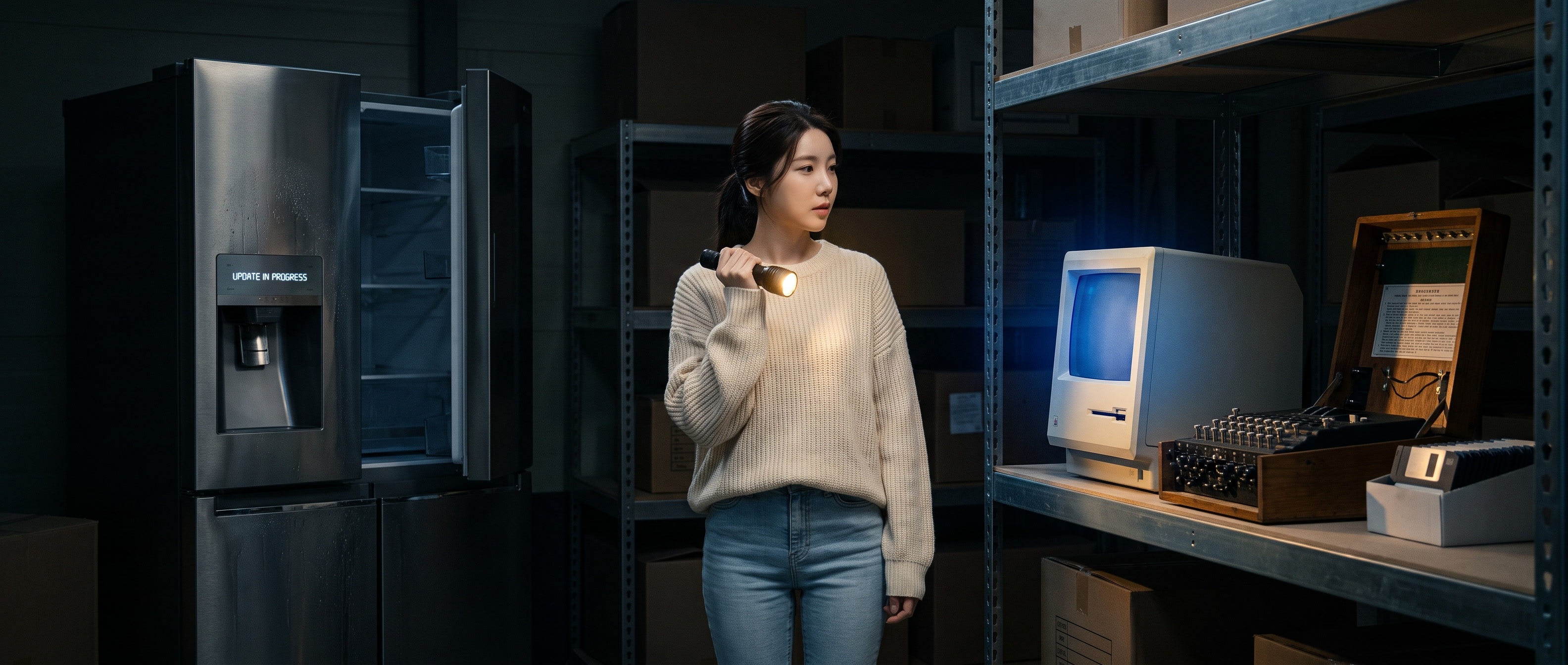 어두운 창고 안, 손전등을 든 루나가 두 세계 사이에 서 있다. 왼쪽에는 문이 열린 채 불이 꺼진 최신형 4도어 냉장고가 있고 작은 화면에 UPDATE IN PROGRESS가 떠 있다. 오른쪽 선반에는 베이지색 CRT 모니터와 플로피 디스크 상자, 나무 케이스에 든 에니그마 기계가 놓여 있고 CRT 화면만 파랗게 살아 있다